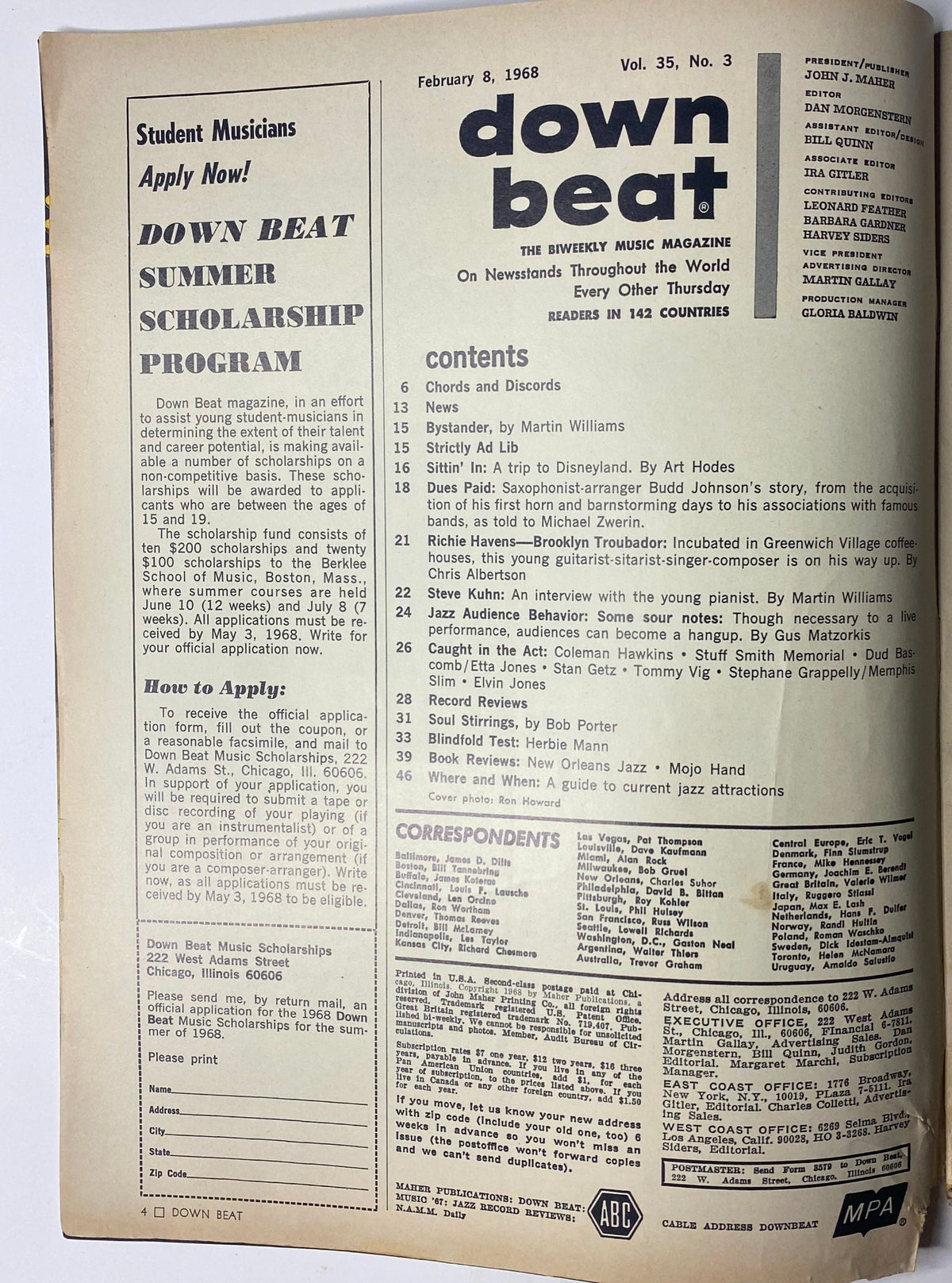Cover page of Down Beat Magazine February 1968 Vol. 35 No. 3 featuring Coleman Hawkins, showcasing the contents and articles relevant to the jazz scene of the late 1960s.