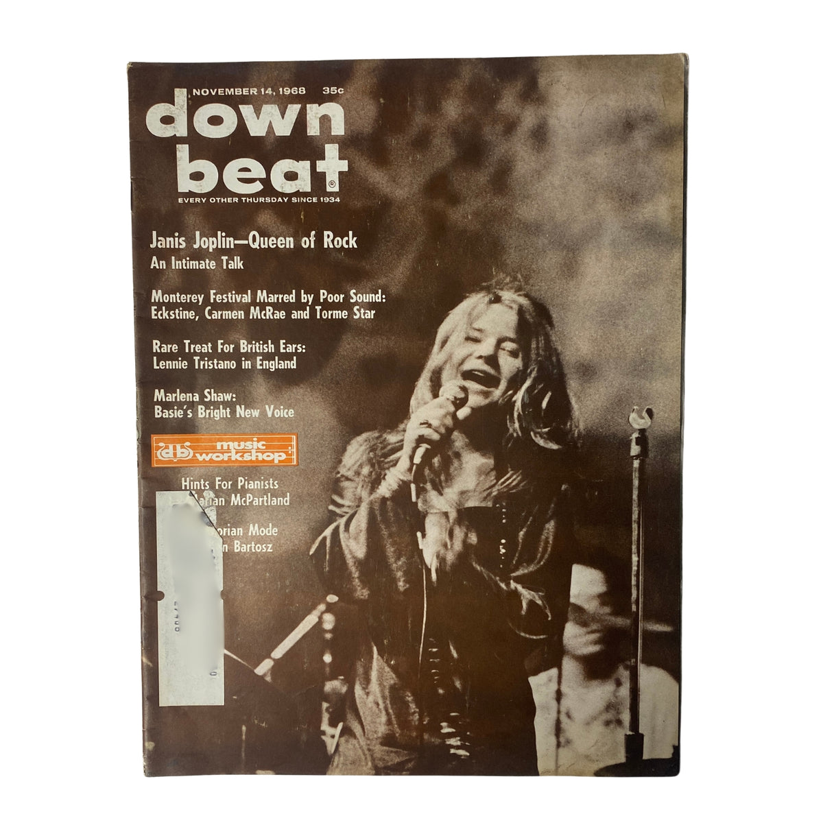 Cover of Down Beat Magazine, November 14, 1968, Vol 35 No. 23 featuring Janis Joplin, Queen of Rock, showcasing a live performance, highlighting the magazine's focus on jazz and rock music.