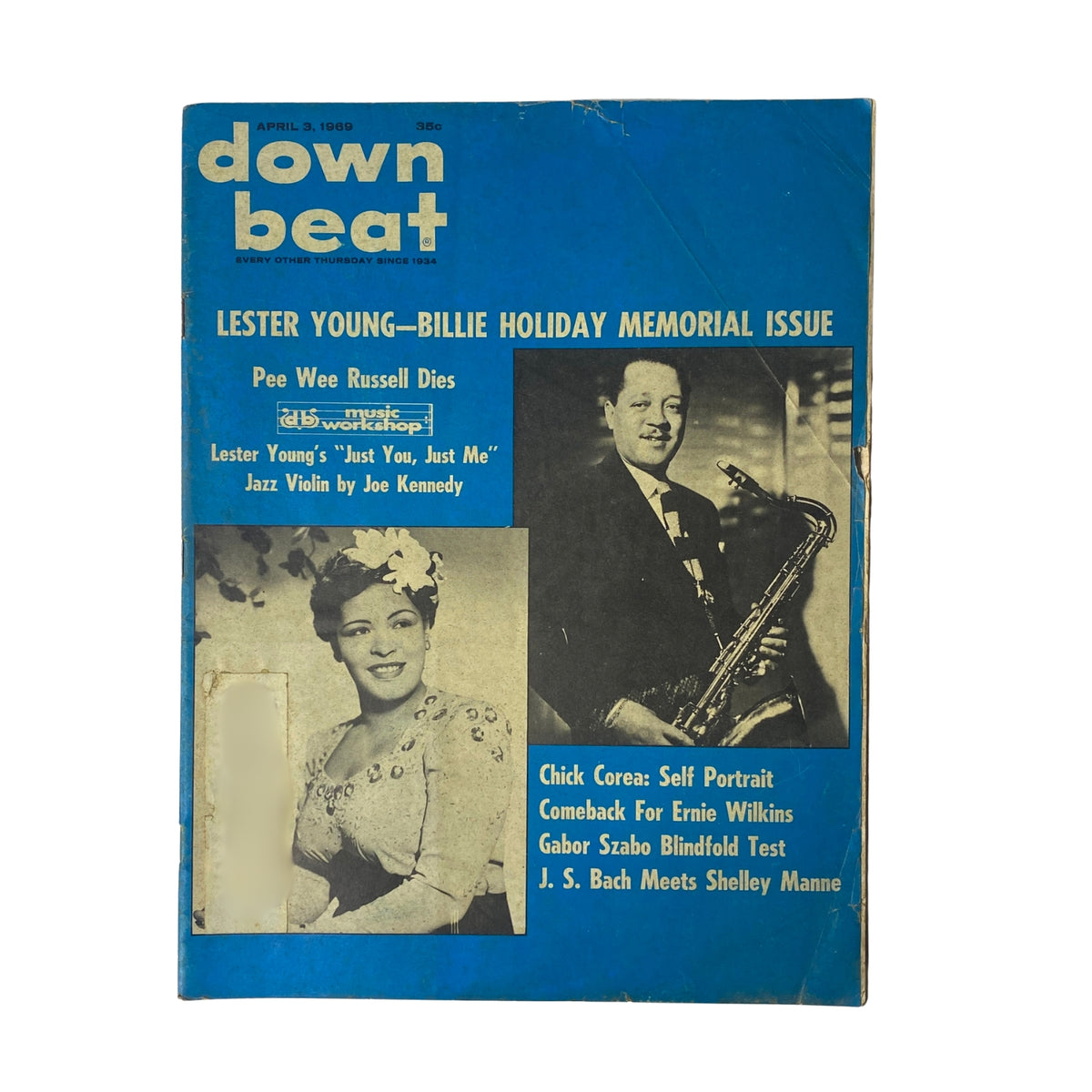 Cover of Down Beat Magazine, April 3, 1969, Vol 36 No. 7 featuring Lester Young and Billie Holiday, a memorial issue highlighting their legacy in jazz.