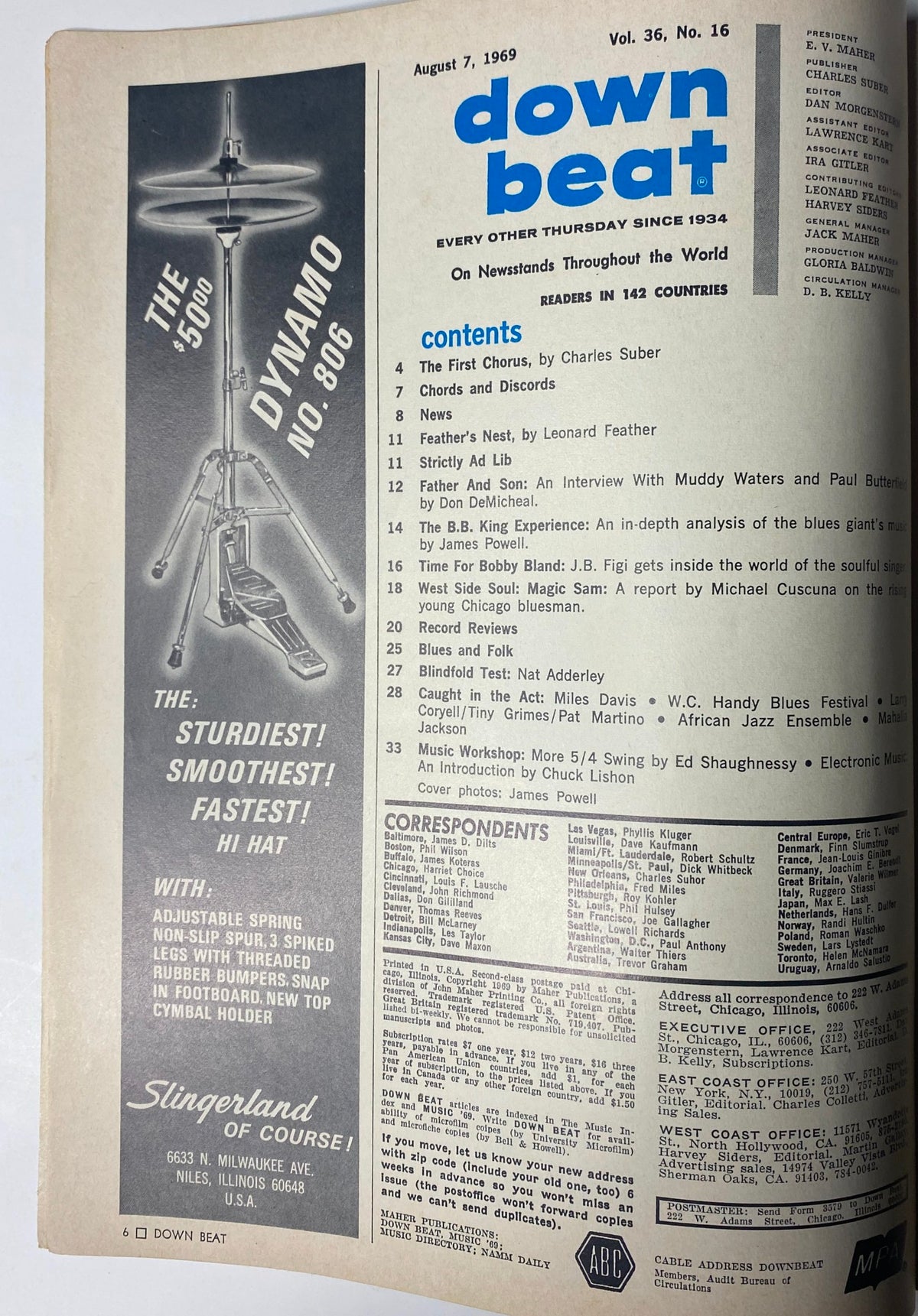 Inside page of Down Beat Magazine August 7, 1969, detailing contents including an interview with Muddy Waters and Paul Butterfield, along with articles on blues and jazz.