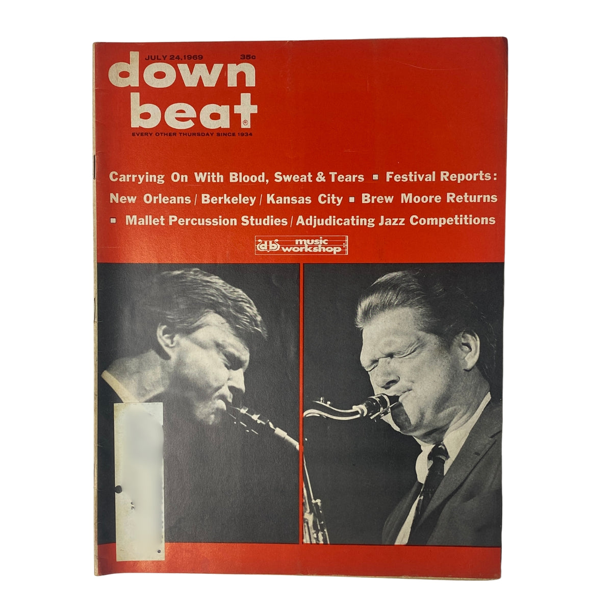 Cover of Down Beat Magazine, July 24, 1969, Vol 36 No. 15 featuring Gerry Mulligan and Zoot Sims. Highlights include articles on Blood, Sweat & Tears and festival reports.