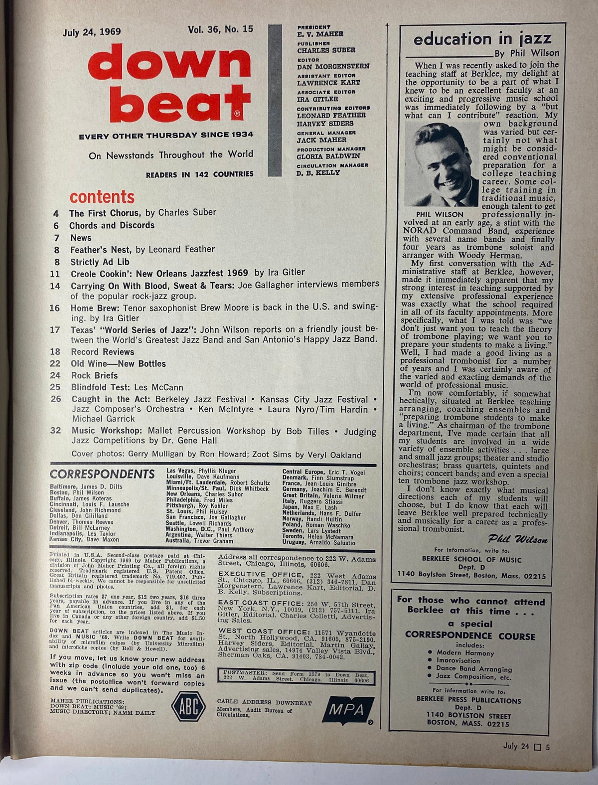 Table of Contents from Down Beat Magazine, July 24, 1969, Vol 36 No. 15 listing features such as 'The First Chorus', festival reports, and music competition studies.