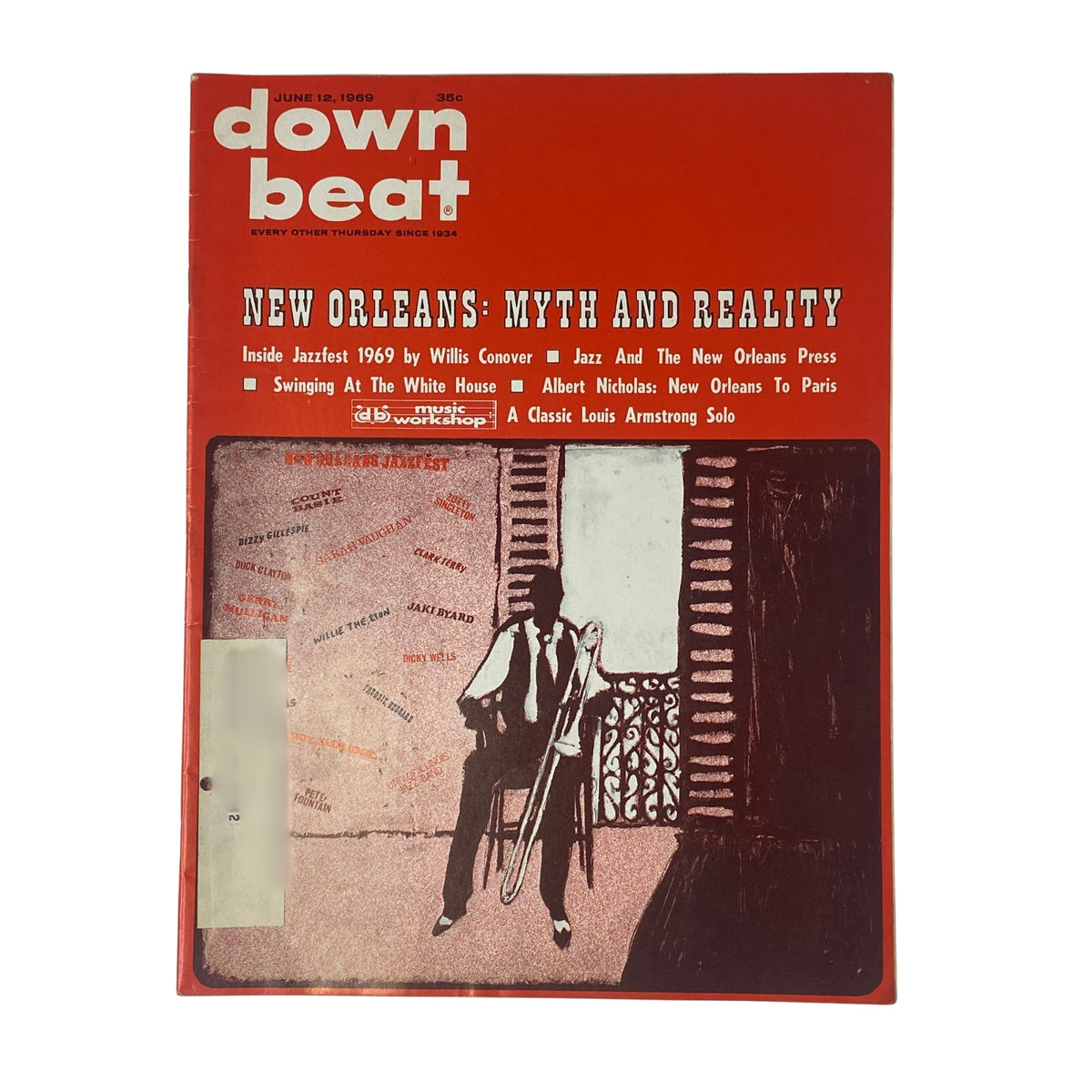 Cover of Down Beat Magazine June 12, 1969 Vol 36 No 12 titled 'New Orleans: Myth and Reality', featuring a jazz musician illustration and articles inside including Willis Conover at Jazz and The New Orleans Press.