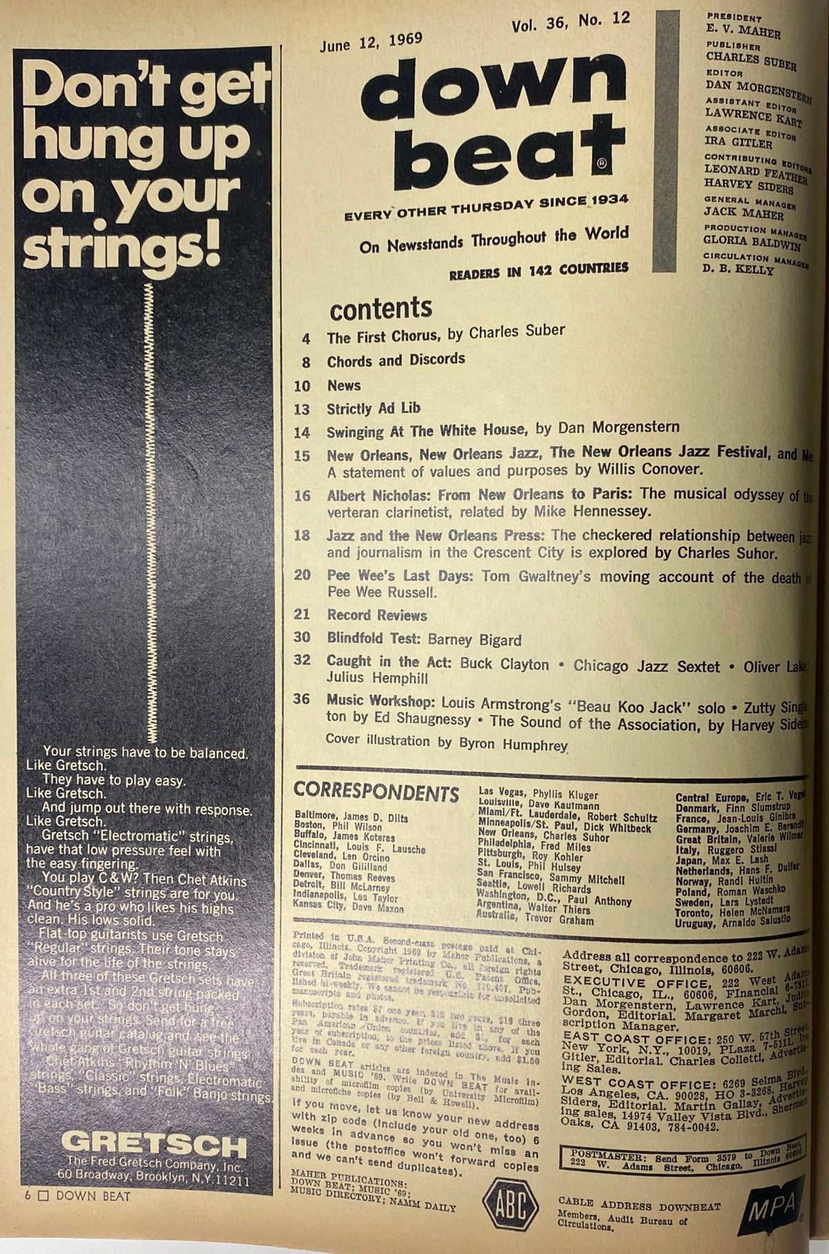 Inside page of Down Beat Magazine June 12, 1969 Vol 36 No 12, listing contents including 'The First Chorus' by Charles Suber and 'Swinging at the White House' by Dan Morgenstern.