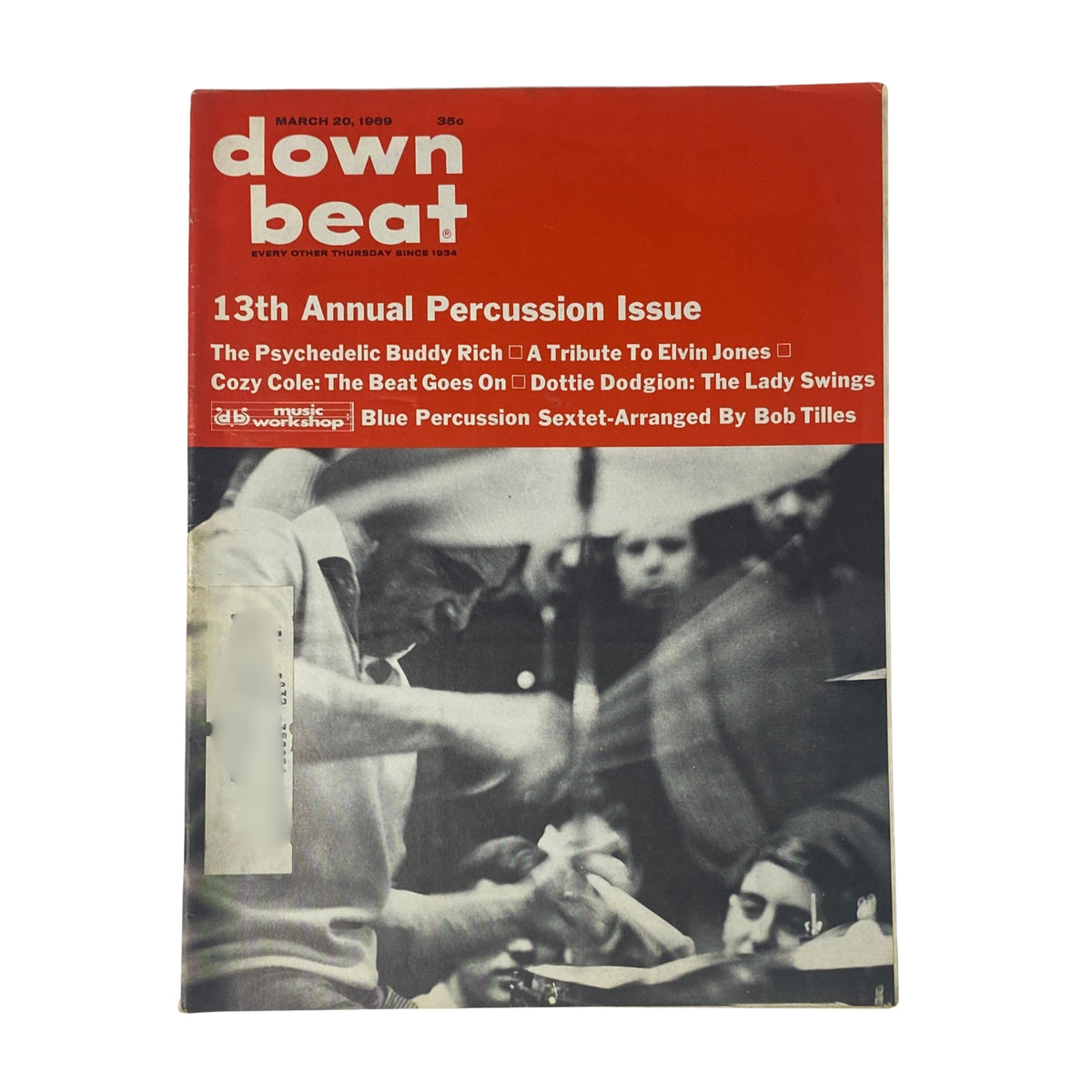 Cover of Down Beat Magazine, March 20, 1969, Vol 36 No. 6 featuring the 13th Annual Percussion Issue with a focus on jazz drummers including Buddy Rich and Dottie Dodgion.