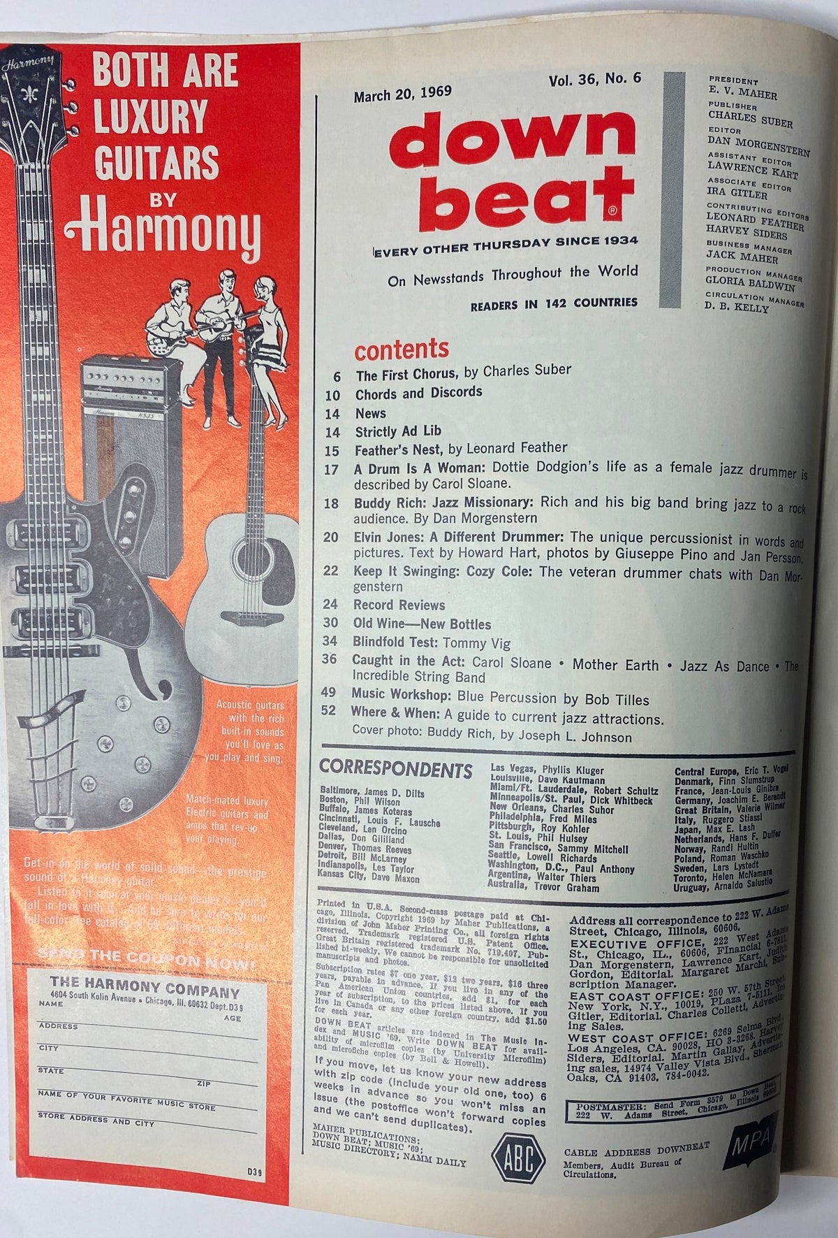 Inside page of Down Beat Magazine, March 20, 1969, Vol 36 No. 6 showcasing the table of contents and highlighting articles related to jazz drumming including profiles of Elvin Jones and Cozy Cole.