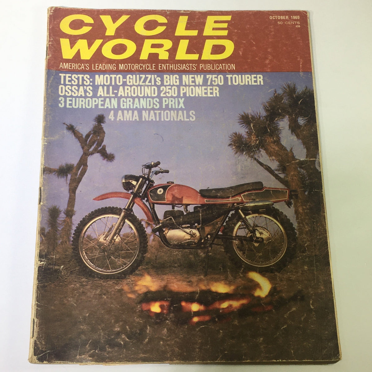 Cover of VTG Cycle World Magazine, October 1969, featuring Moto-Guzzi 750 Tourer and Ossa 250 Pioneer motorcycles with a desert backdrop.