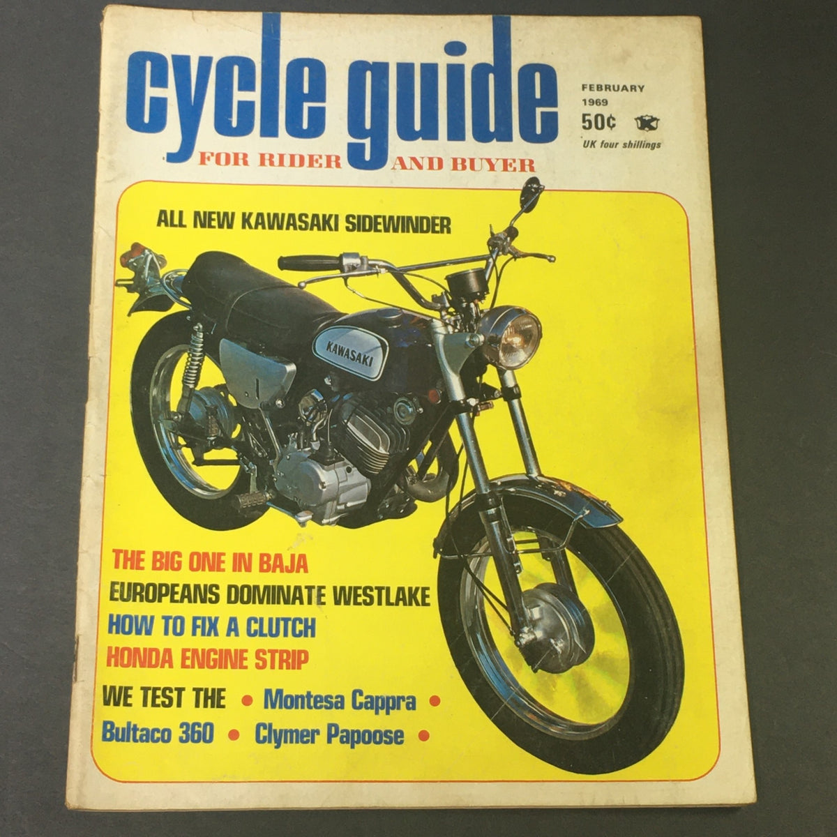 Vintage magazine cover of VTG Cycle Guide for Rider and Buyer from February 1969 featuring the Kawasaki Sidewinder test, showcasing motorcycle iconic models and culture.