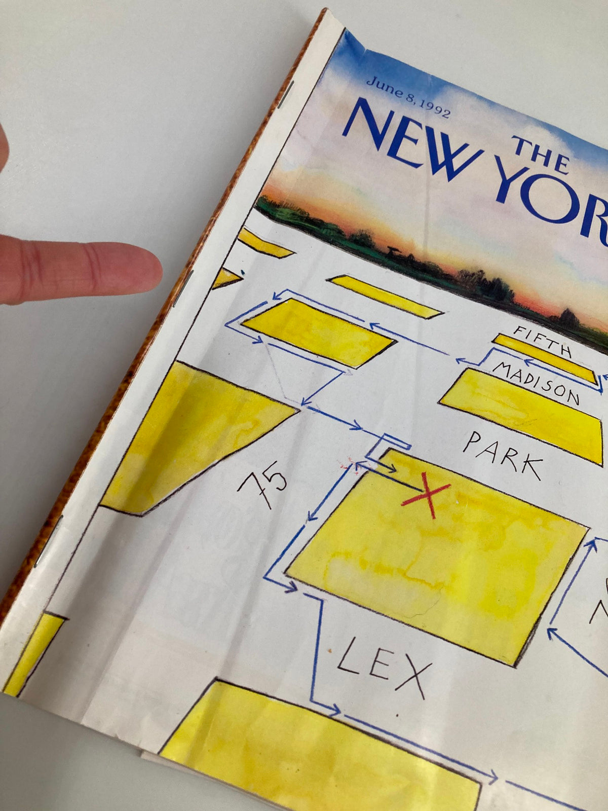 Detailed view of The New Yorker magazine cover from June 8, 1992, showing a street map illustration of New York City, highlighting streets like Fifth Avenue, Madison Avenue, and Park Avenue.