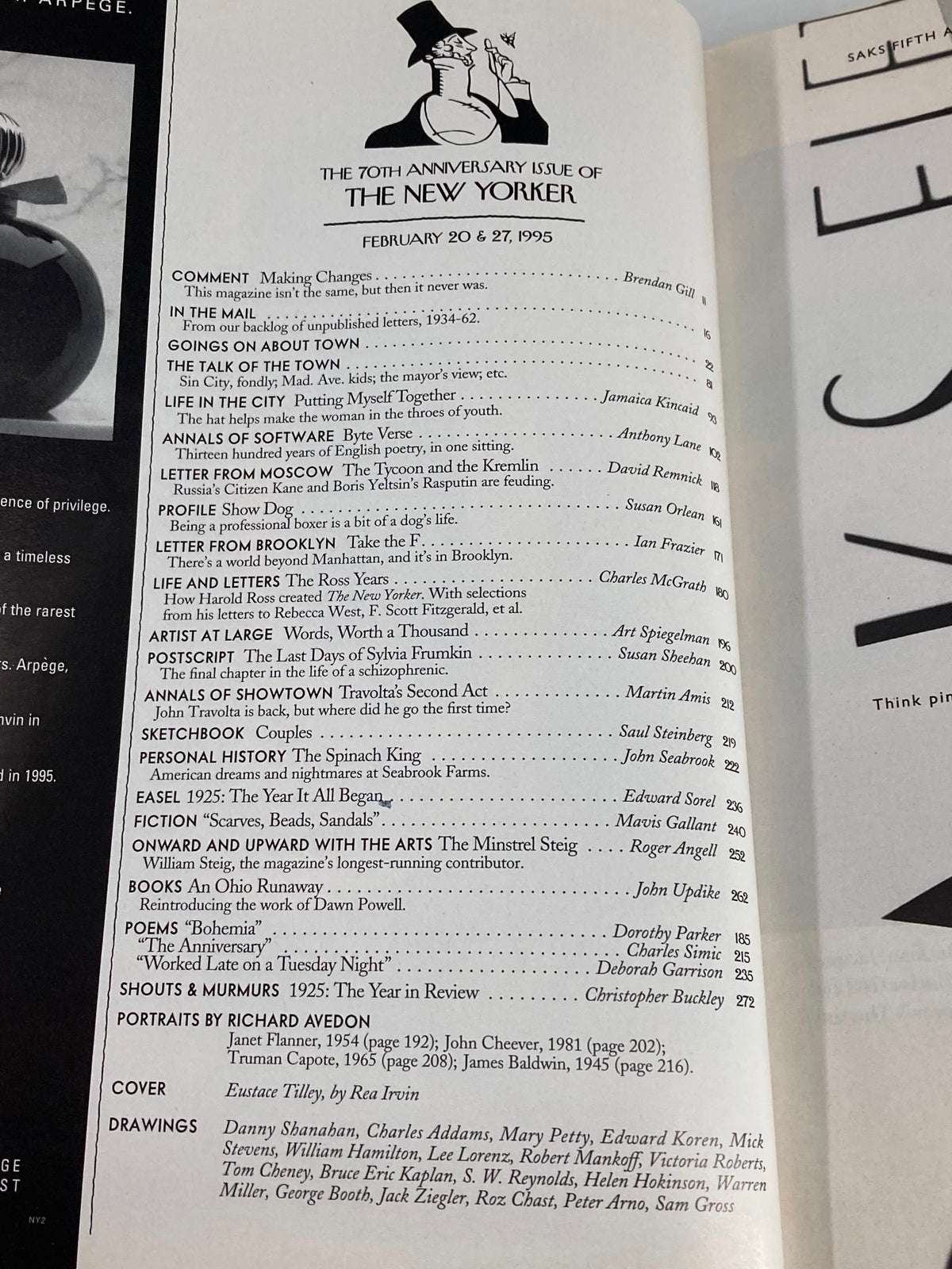 Inside page of The New Yorker Full Magazine February 20, 1995 displaying the table of contents, emphasizing its editorial features and articles.