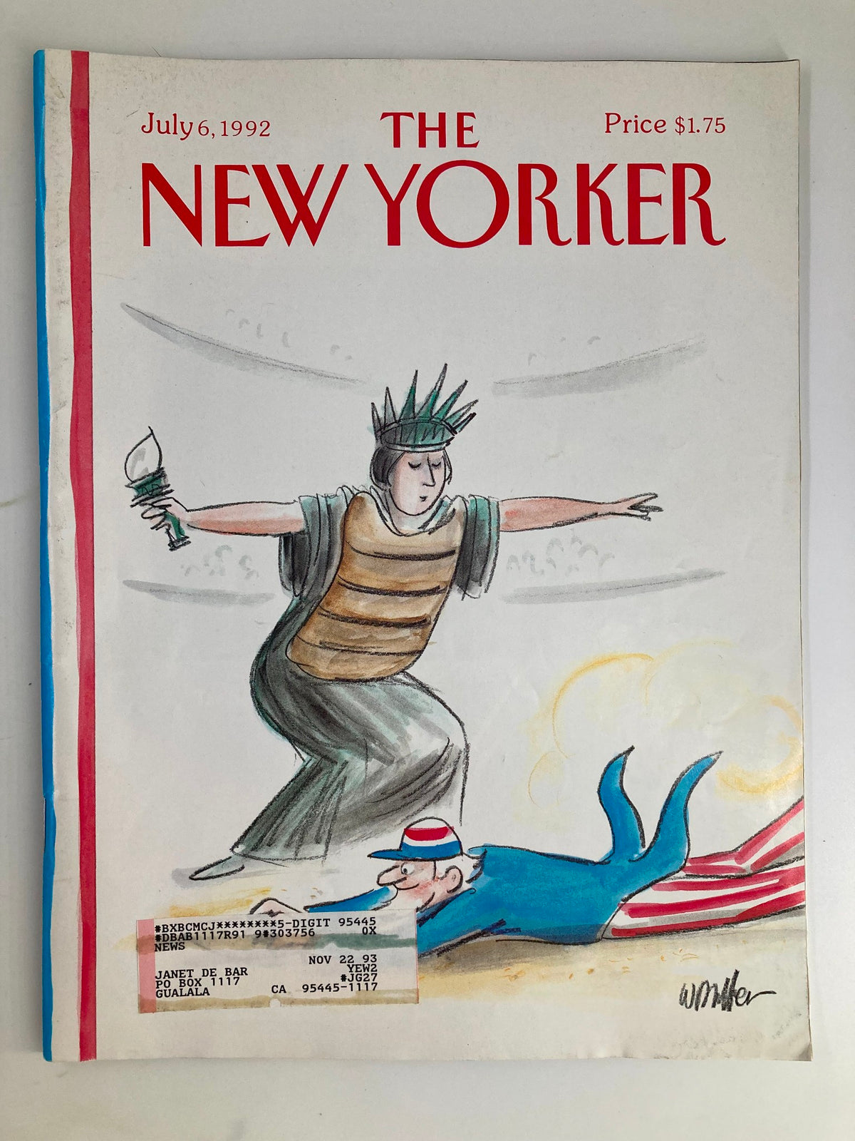 Cover of The New Yorker July 6, 1992, titled 'Touchdown Liberty' by Warren Miller, featuring a whimsical illustration depicting the Statue of Liberty interacting with a man in a red, white, and blue outfit.
