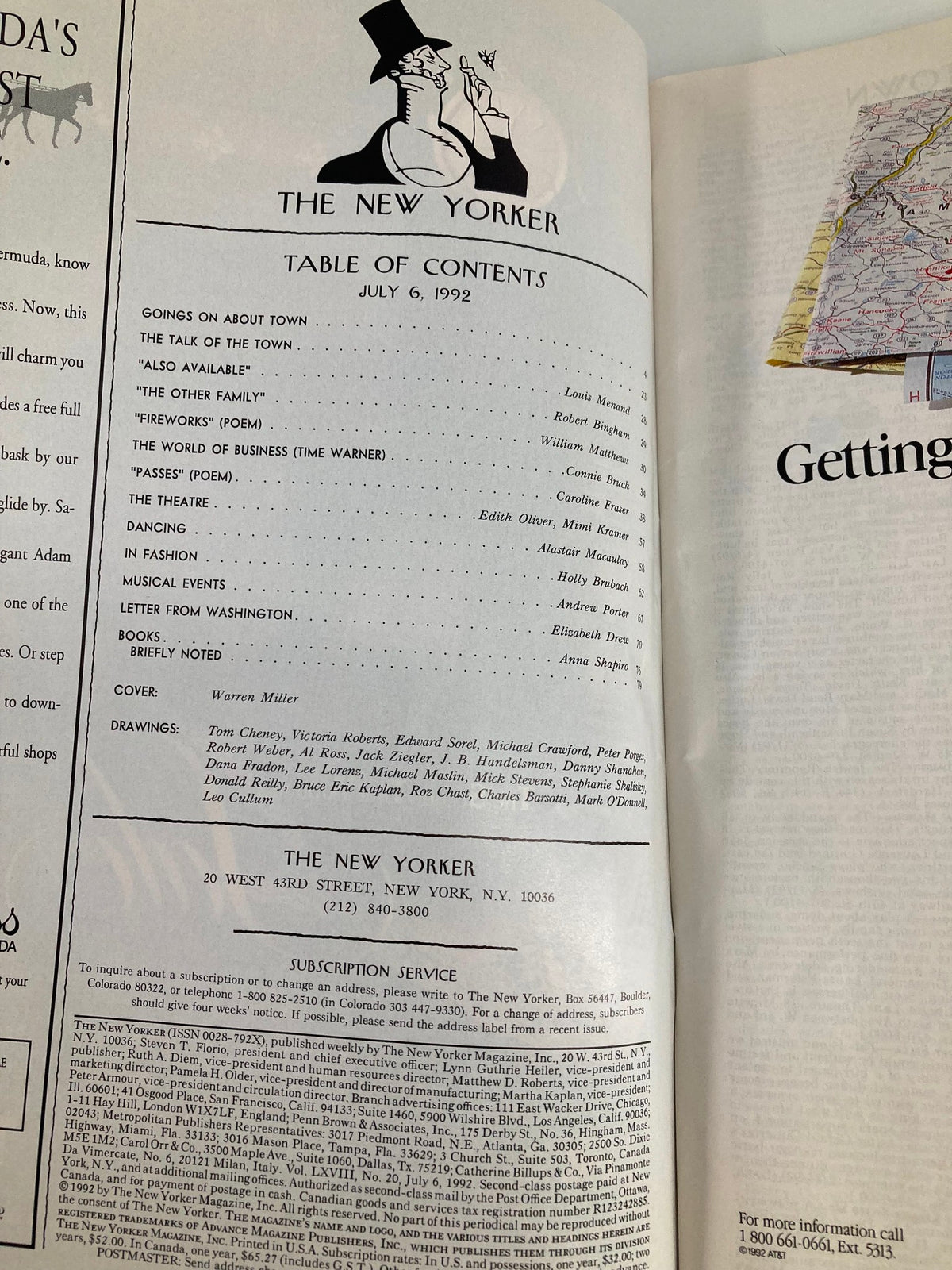 Table of contents page from The New Yorker July 6, 1992, detailing articles and features, including contributions from various authors and the cover art by Warren Miller.