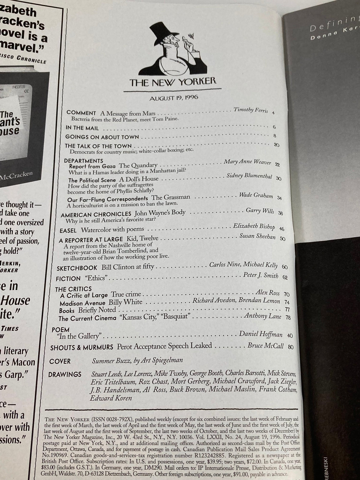 Interior page of The New Yorker Full Magazine August 19 1996 displaying the contents section including article titles and contributors, alongside the recognizable magazine logo.
