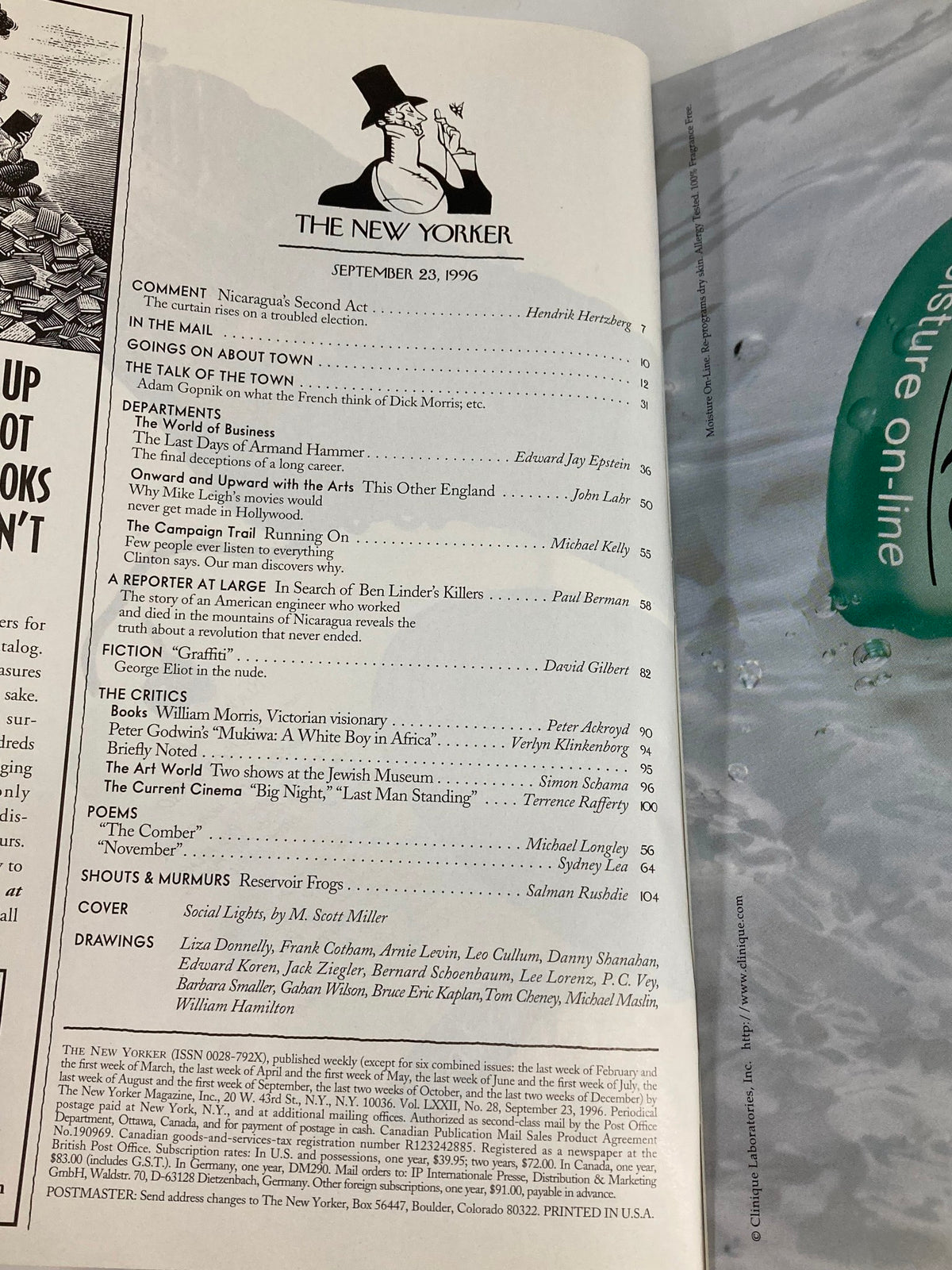 Table of contents page from The New Yorker magazine, September 23, 1996, detailing articles including commentary and fiction, featuring the cover artwork "Social Lights" by M. Scott Miller.