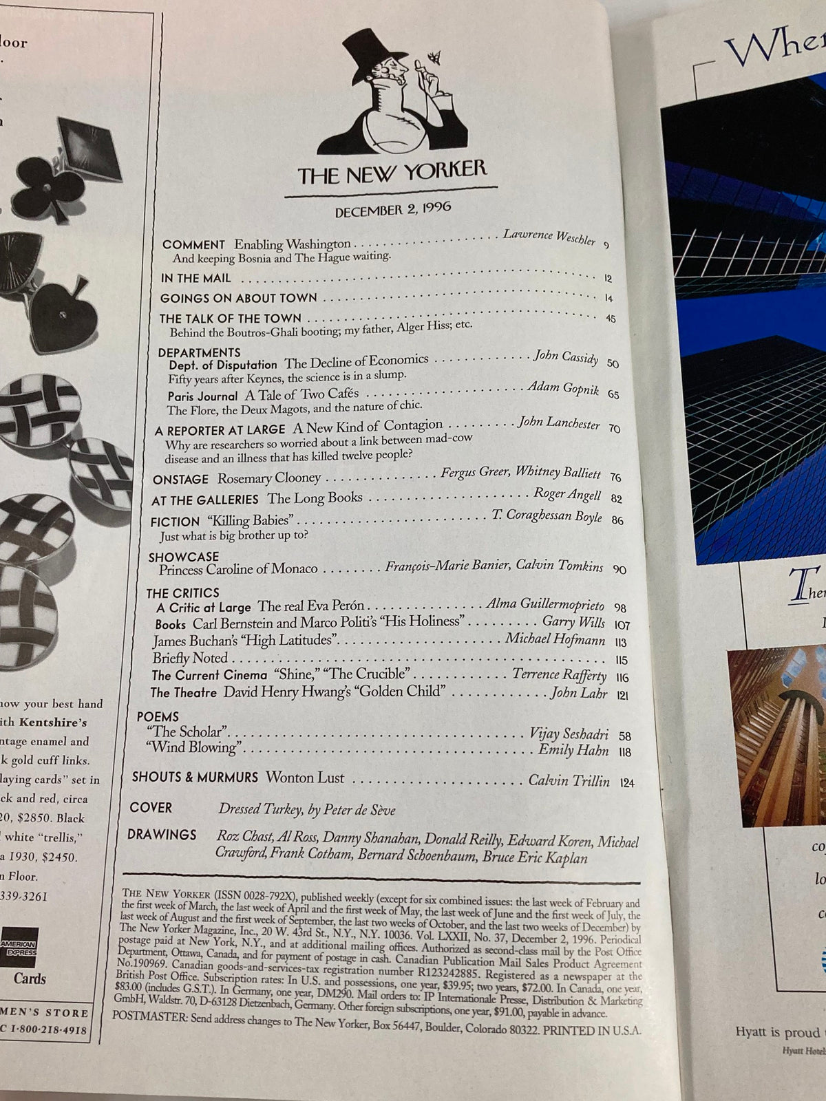 The New Yorker Full Magazine December 2 1996 interior page highlighting the table of contents, featuring articles and illustrations including 'Dressed Turkey' by Peter de Seve.