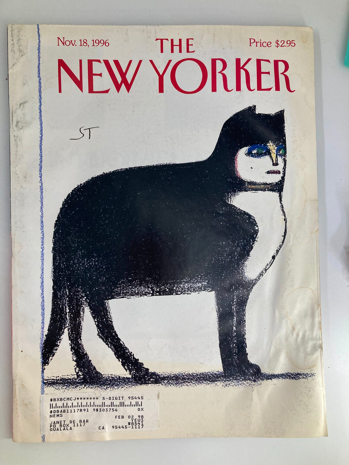 Cover of The New Yorker magazine from November 18, 1996, featuring a unique cat illustration by Saul Steinberg. The magazine showcases artistic design with a playful depiction of a cat in black and white.