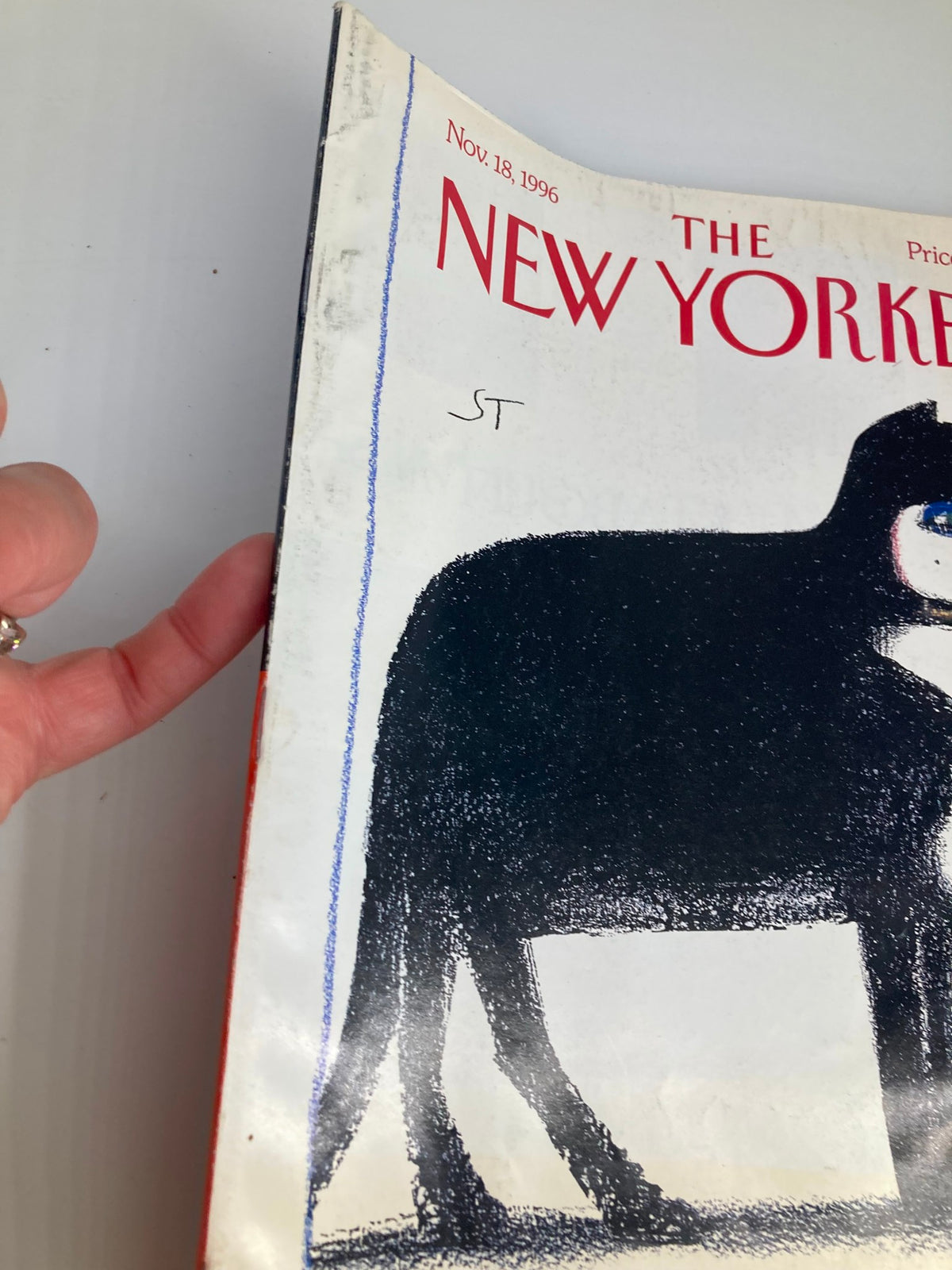 Cover of The New Yorker magazine from November 18, 1996 featuring a cat illustration by Saul Steinberg, highlighting wear and minor creases.