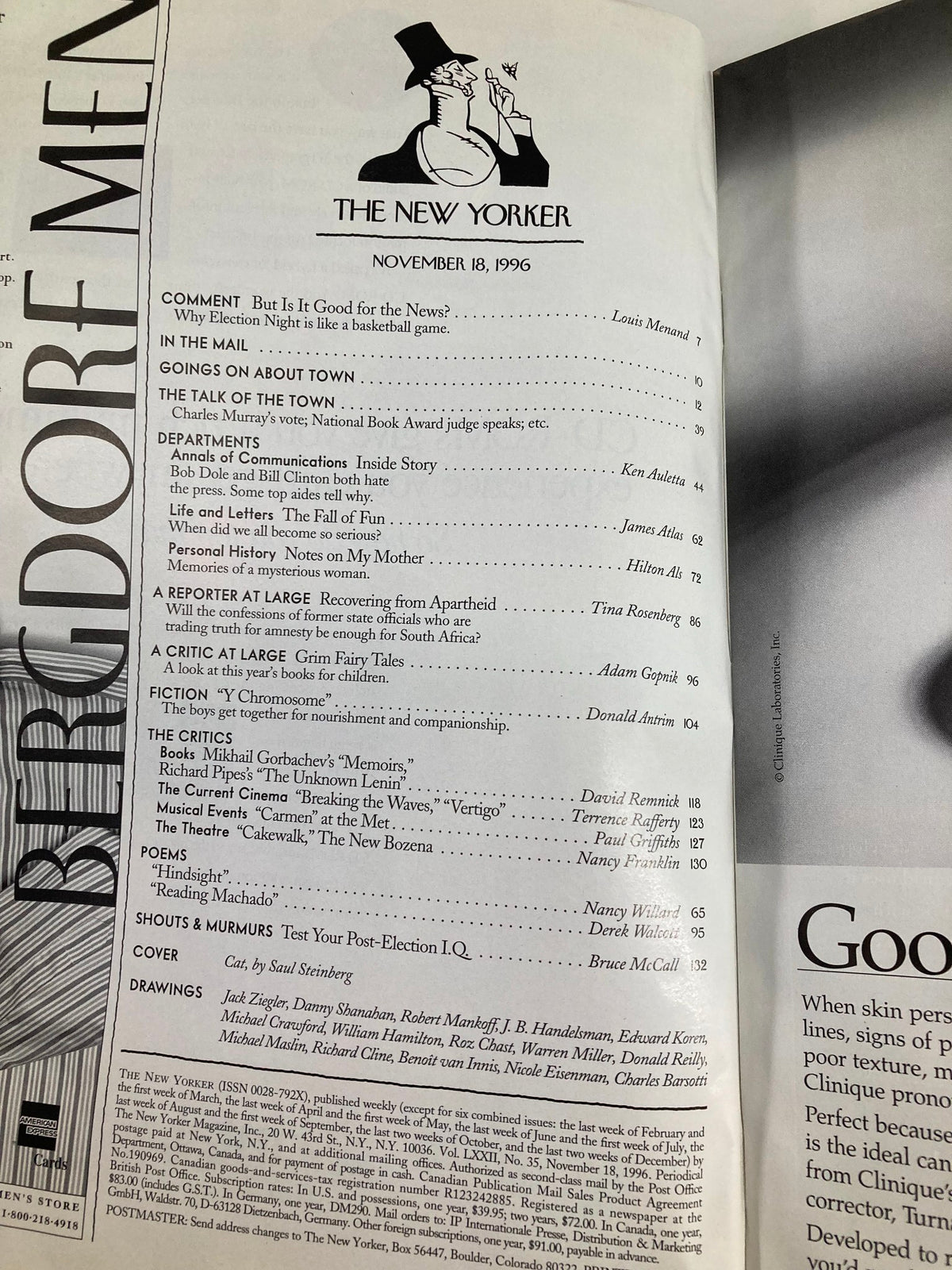 Contents page of The New Yorker magazine from November 18, 1996, listing articles and features, including the cover drawing by Saul Steinberg.
