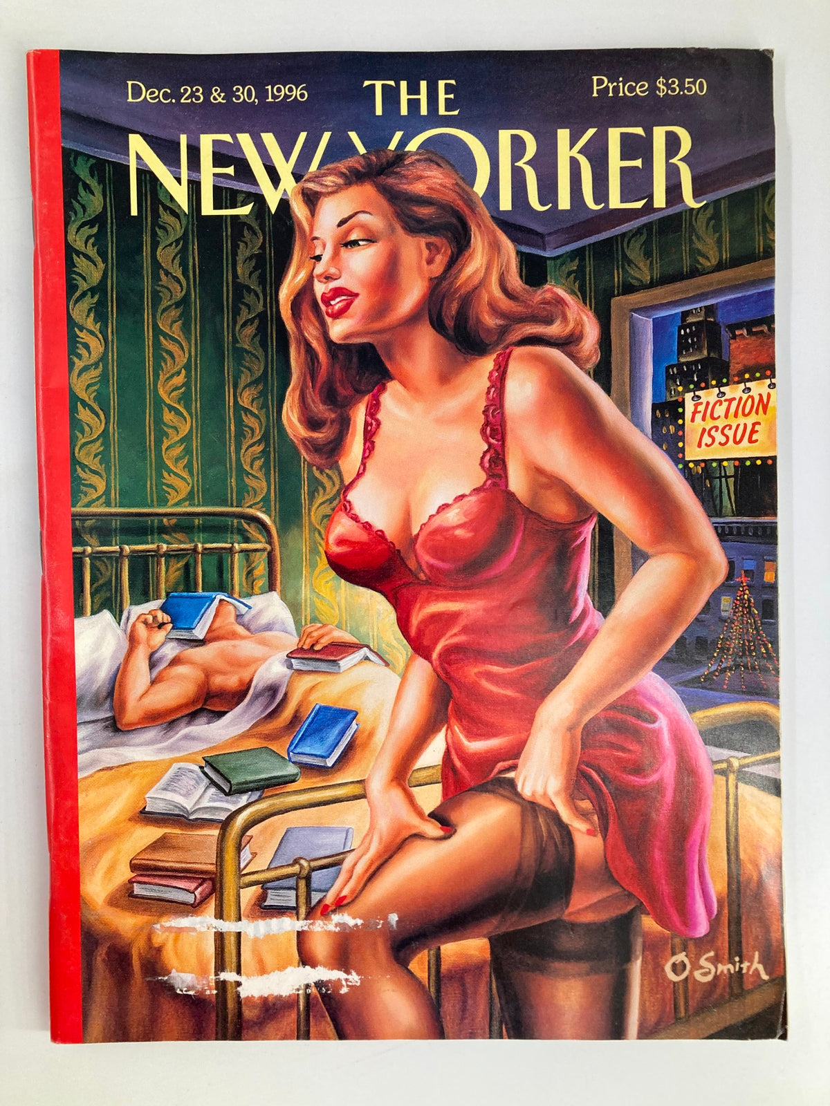 Cover of The New Yorker Full Magazine December 23, 1996 titled 'Bedside Stories' by Owen Smith, featuring a colorful illustration of a woman in a red outfit in a bedroom surrounded by books.