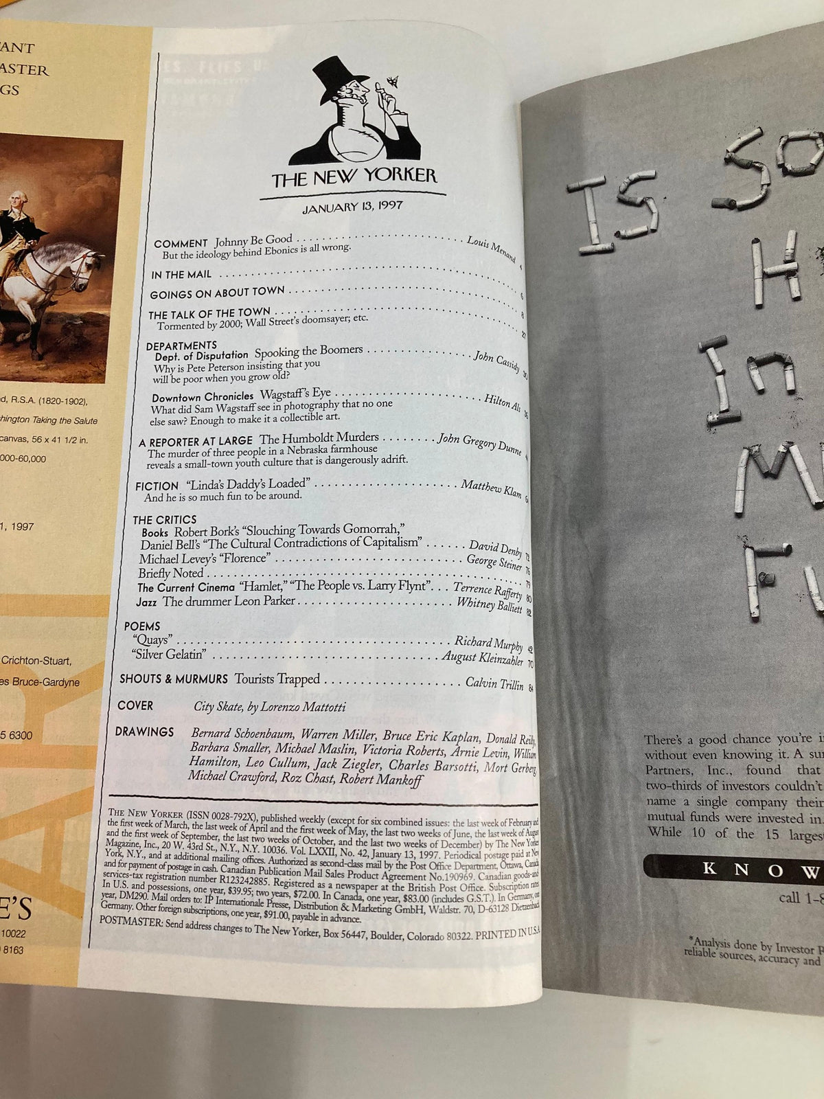 Inside page from The New Yorker Full Magazine January 13 1997 showcasing the magazine's header and contents including contributions and articles.