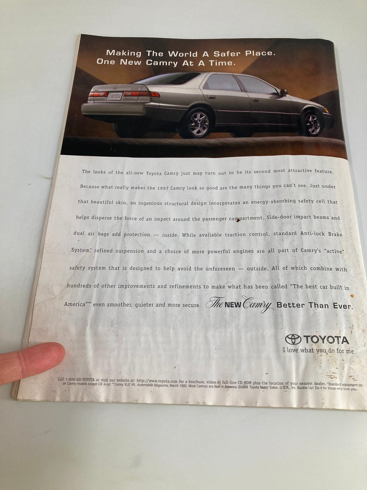 Back cover advertisement page of The New Yorker Full Magazine January 13 1997 for the Toyota Camry, emphasizing safety features and design.