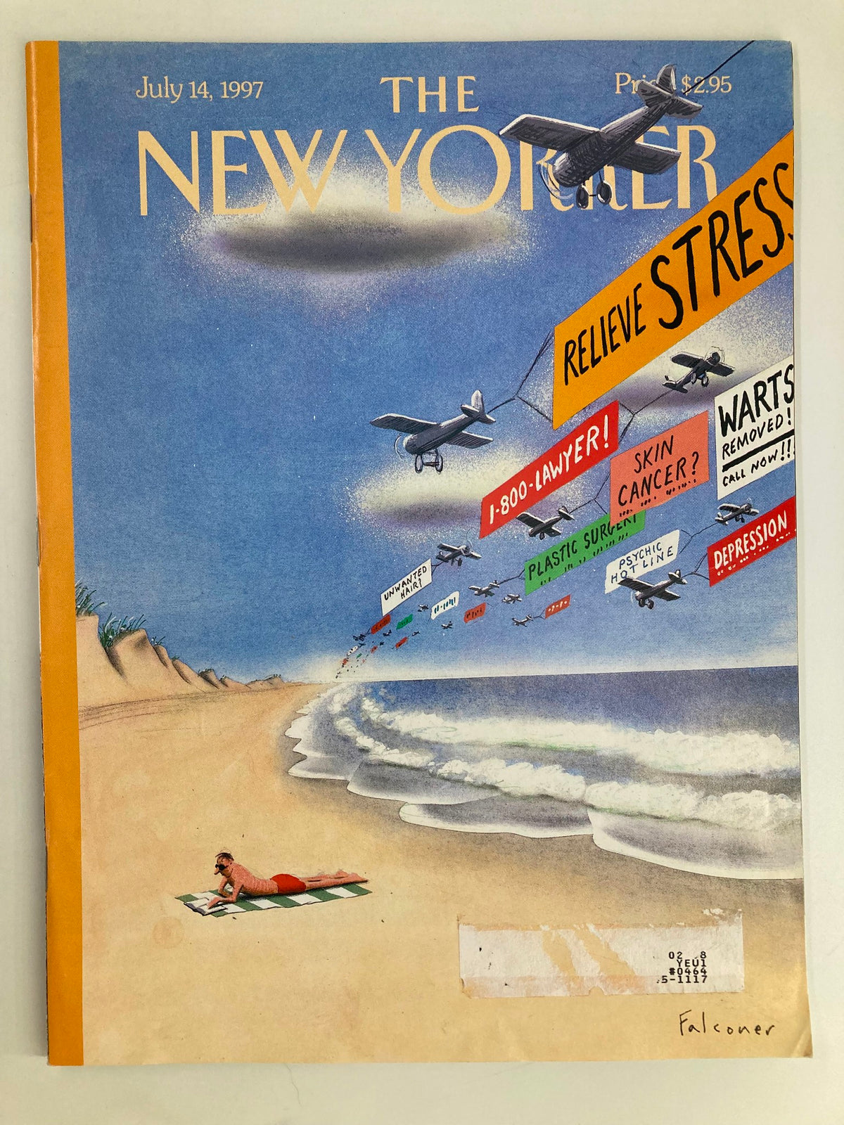 Cover of The New Yorker magazine from July 14, 1997, featuring the cover story 'Getting Away from It All' by I. Falconer, illustrated with a beach scene and whimsical text ads from airplanes.