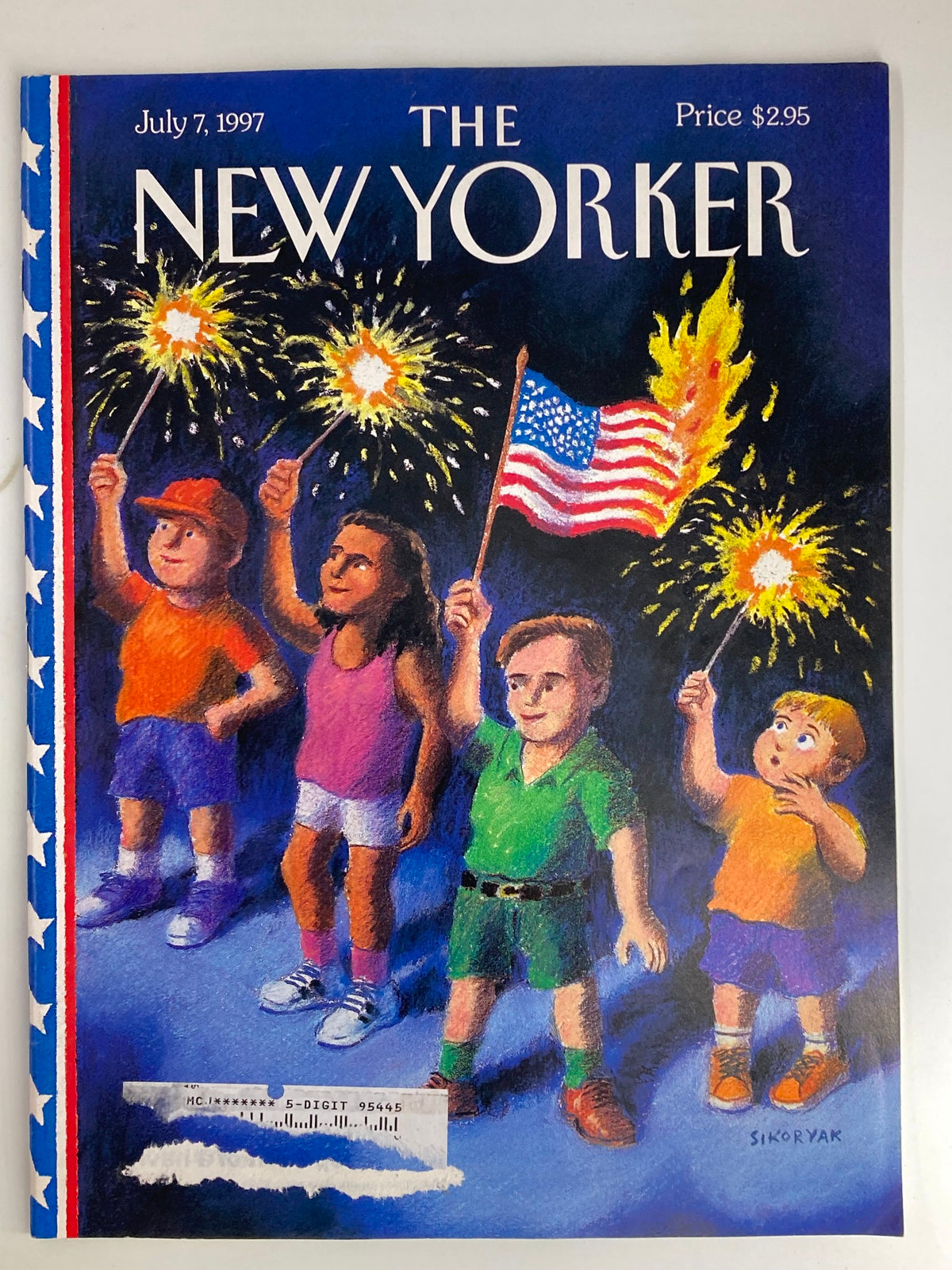 The New Yorker Full Magazine July 7 1997 featuring the cover art 'Fireworks' by Robert Sikoryak. The cover showcases children celebrating with sparklers and an American flag.