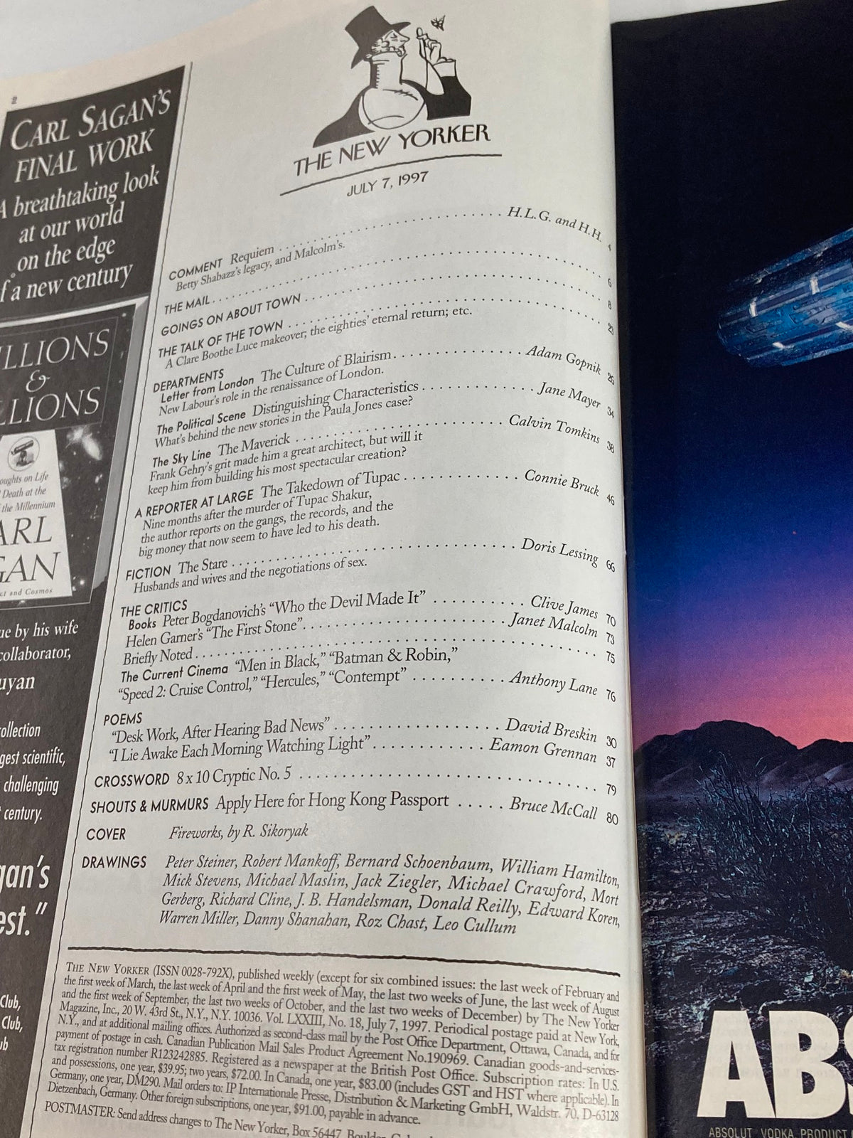 Interior page of The New Yorker magazine dated July 7, 1997, displaying the table of contents with a range of articles and illustrations, including the entry for 'Fireworks' by R. Sikoryak.