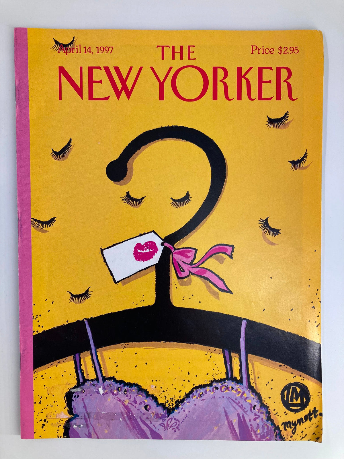 Cover of The New Yorker magazine dated April 14, 1997, featuring the title "The New Yorker" in bold red letters and an illustration of a hanger with a pink tagged item, capturing the theme of 'Fashion Hangup' by Lawrence Mynott.