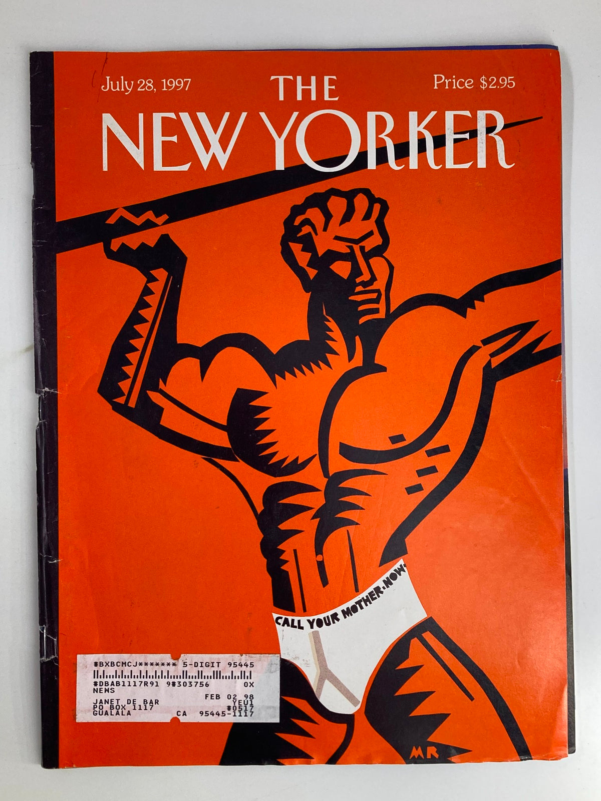 The New Yorker Full Magazine from July 28, 1997 featuring the cover art for the article "Below the Belt" by Michael Roberts, showcasing a bold illustration of a muscular figure against an orange background.