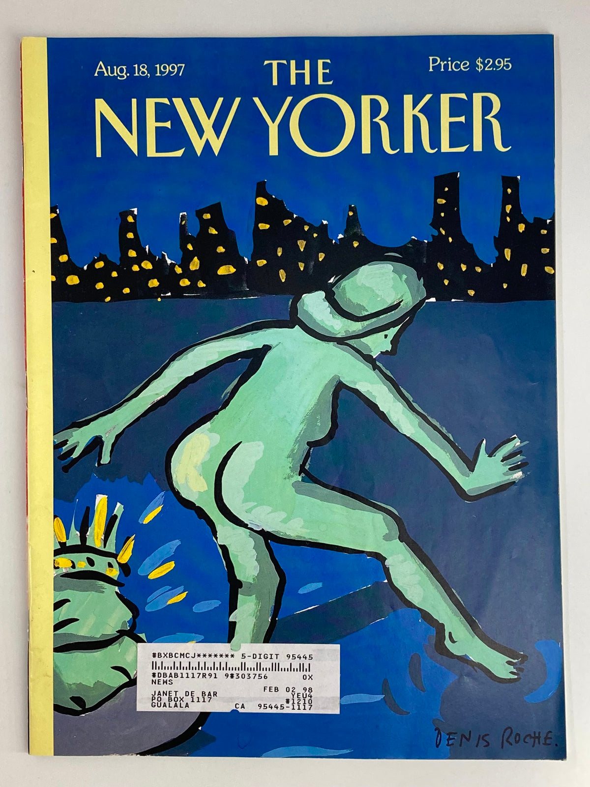 The New Yorker Full Magazine August 18, 1997 cover art featuring a vivid illustration by Denis Roche, depicting a green figure in motion with the iconic skyline in the background.