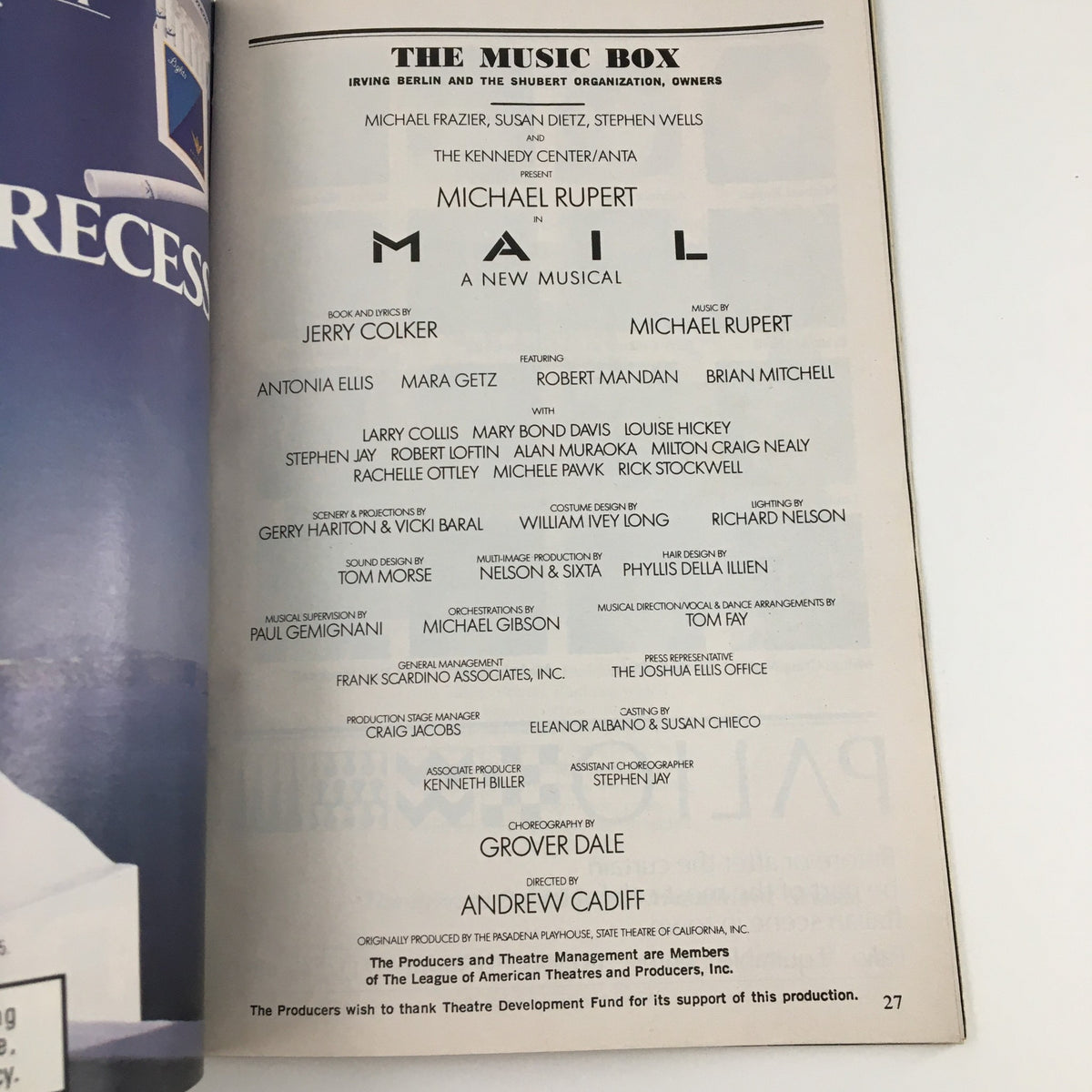 1988 Playbill for The Music Box at the Kennedy Center featuring Michael Rupert in Mail, showcasing cast details and production credits.