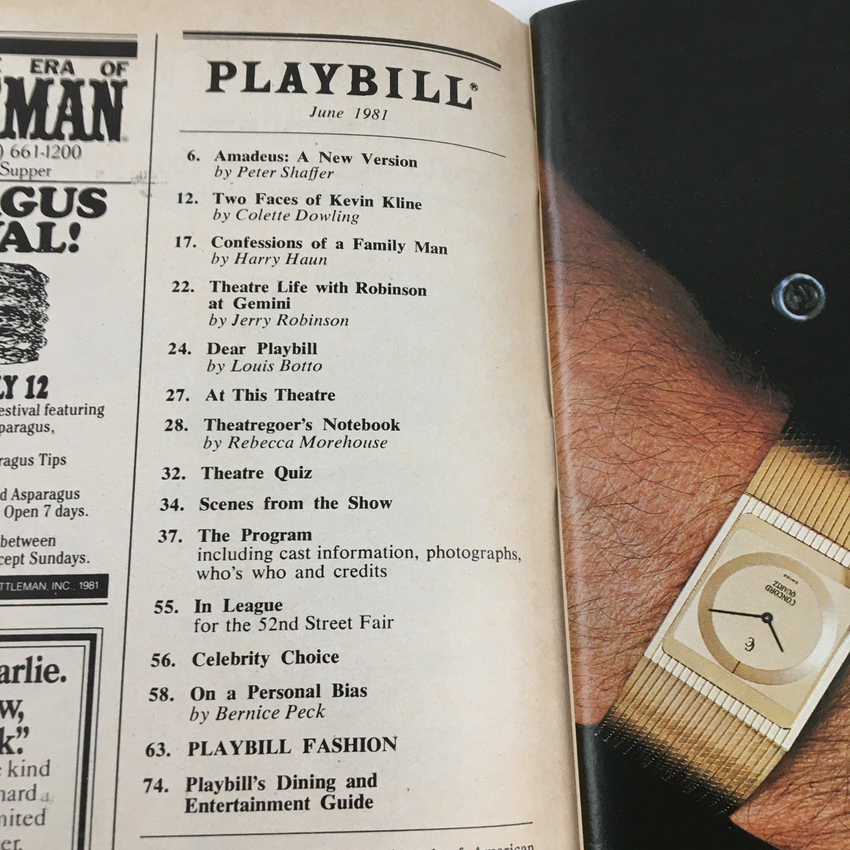 Interior page of the 1981 Playbill for Fifth of July, showcasing the table of contents and advertisements from the June 1981 edition.
