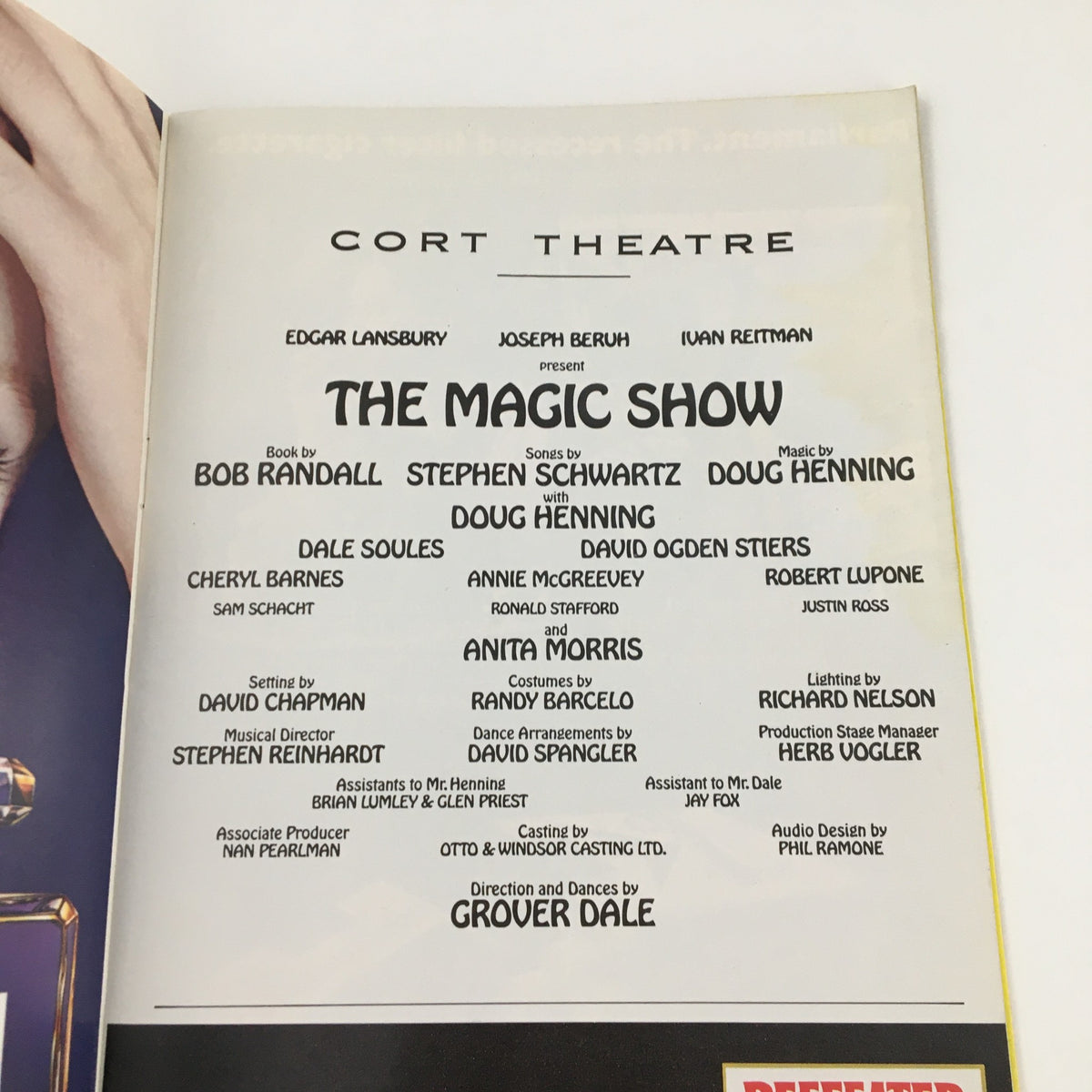 Credits page from the 1974 Playbill for The Magic Show at Cort Theatre, listing the cast and creative team behind the production.