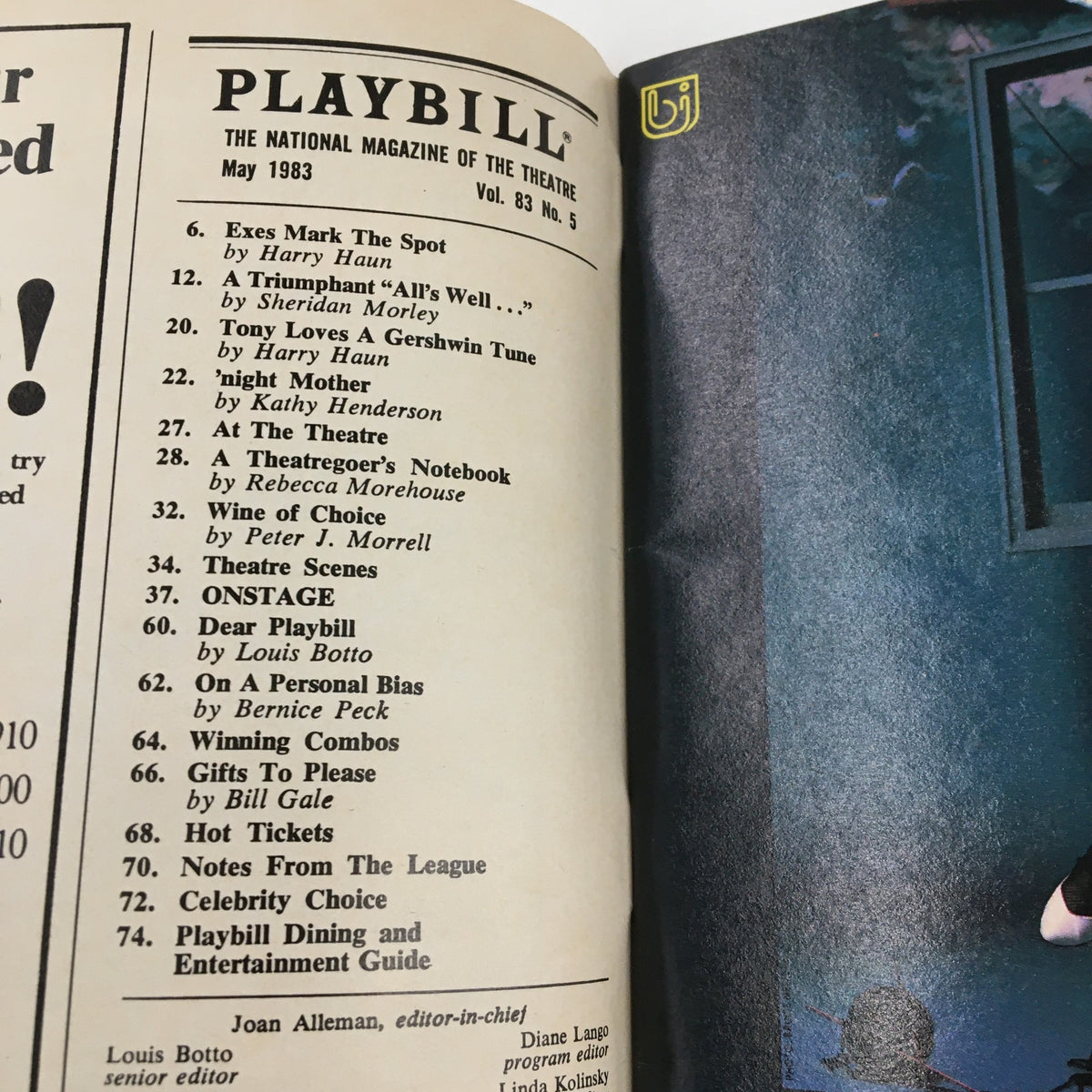 Inside page of the 1983 Playbill for A View From The Bridge highlighting the contents and articles of the May 1983 edition.