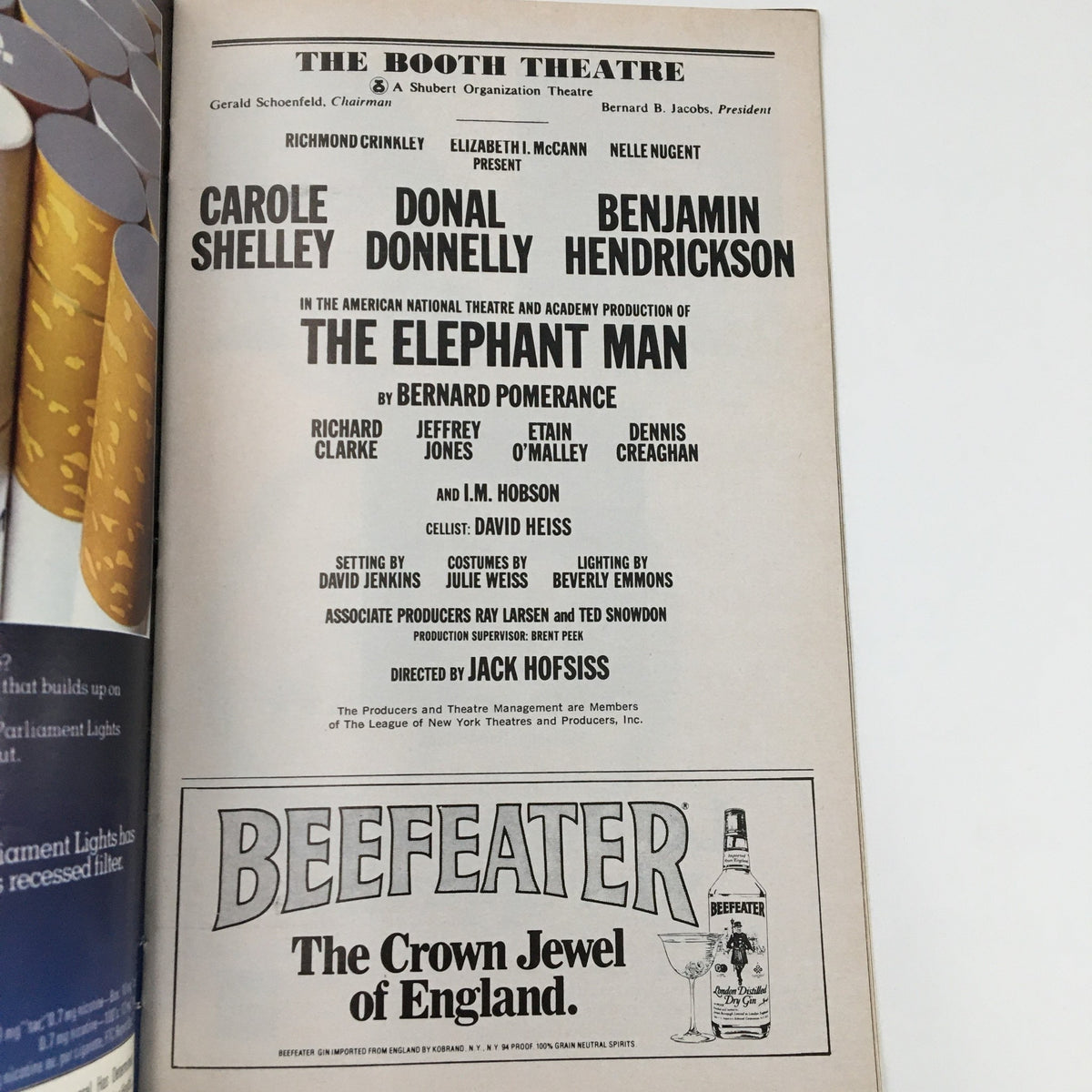 Another interior page of the 1981 Playbill for The Elephant Man at The Booth Theatre, displaying details about the production, including credits and staff.