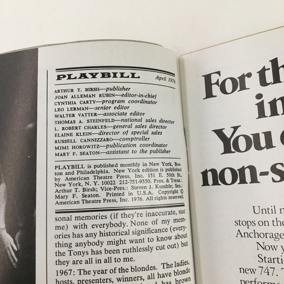 Inside page of the 1976 Playbill for 'Legend', displaying the editorial credits and publication information related to the Ethel Barrymore Theatre play directed by Robert Drivas.