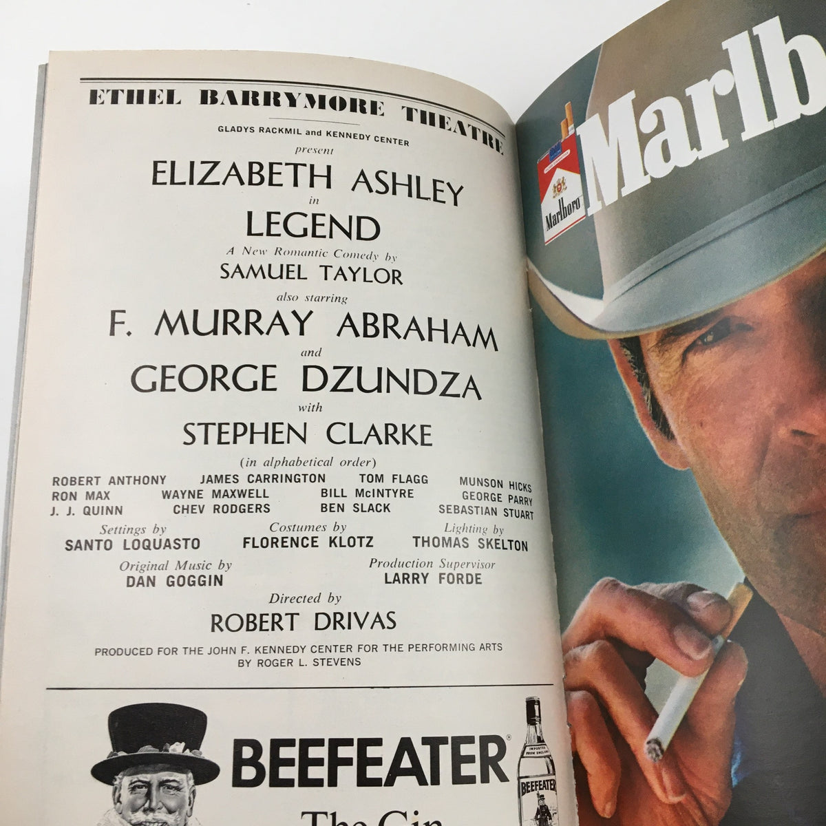 Another inside page of the 1976 Playbill for 'Legend', highlighting the cast details including Elizabeth Ashley, F. Murray Abraham, and George Dzundza at the Ethel Barrymore Theatre.