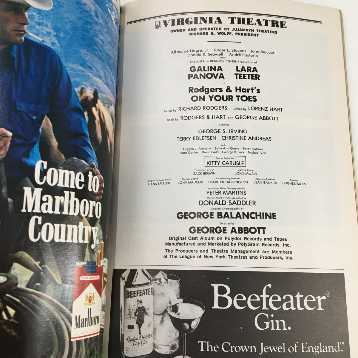 Inside page of the 1984 Playbill from Virginia Theatre, listing cast members and production details for the show On Your Toes, highlighting the contributions of Richard Rodgers and Lorenz Hart.