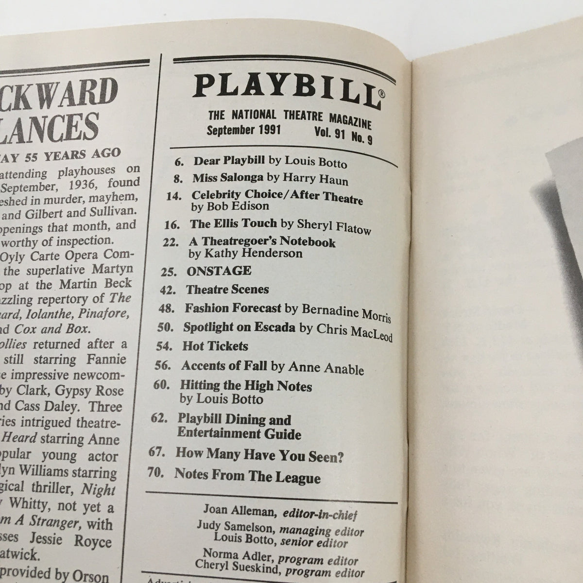 Inside page of the 1991 Playbill for 'On Borrowed Time,' detailing articles and features related to the September 1991 issue.