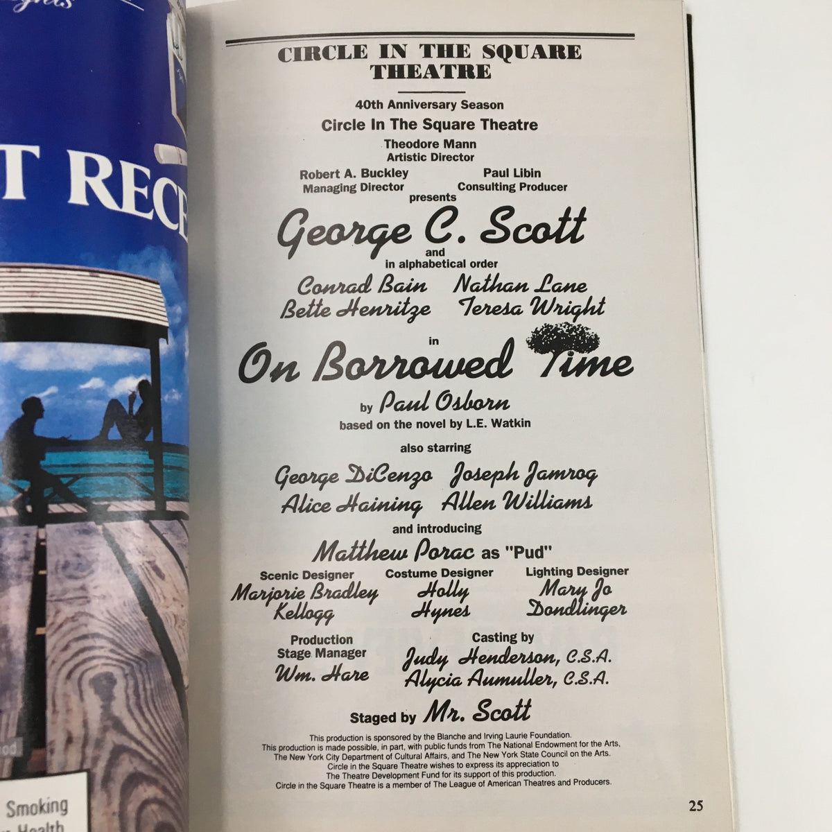 Cast and crew credits page from the 1991 Playbill for 'On Borrowed Time,' highlighting performances by George C. Scott and others at Circle In The Square Theatre.