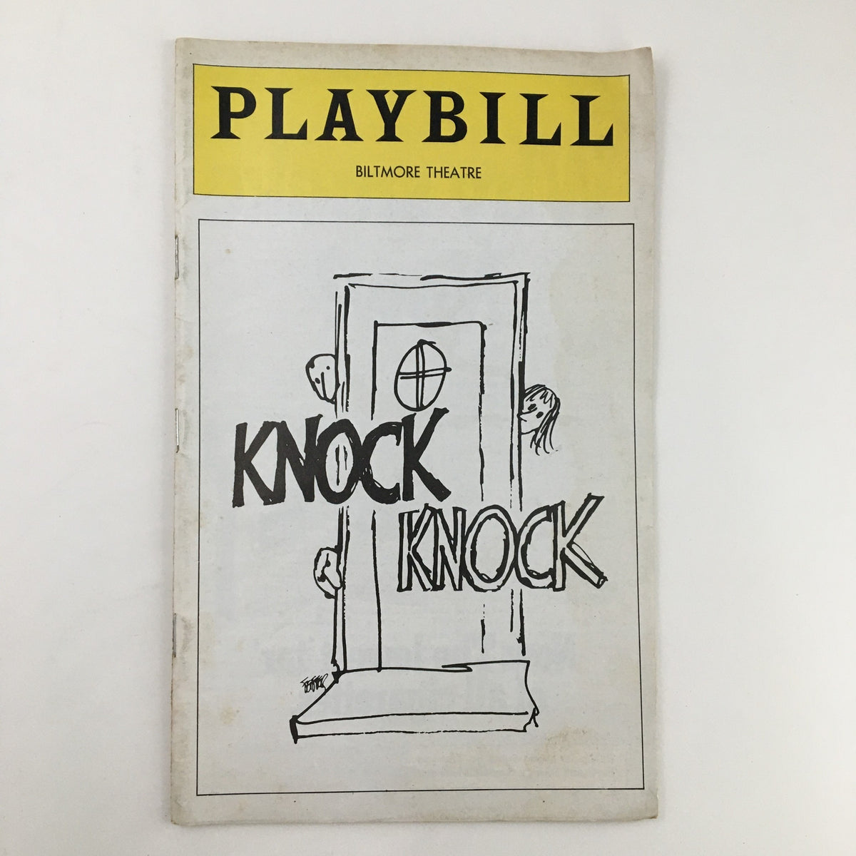 1976 Playbill from Biltmore Theatre for Jules Feiffer's comedy 'Knock Knock', featuring an illustrated cover with the title in bold letters and a whimsical door design.