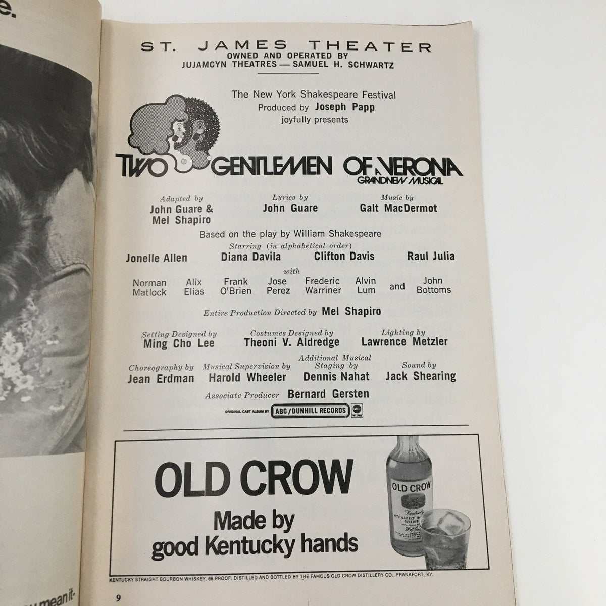 Inside cast and crew page of the 1972 Playbill from St. James Theater for Joseph Papp's Two Gentlemen of Nerona, listing the performers and creative team.