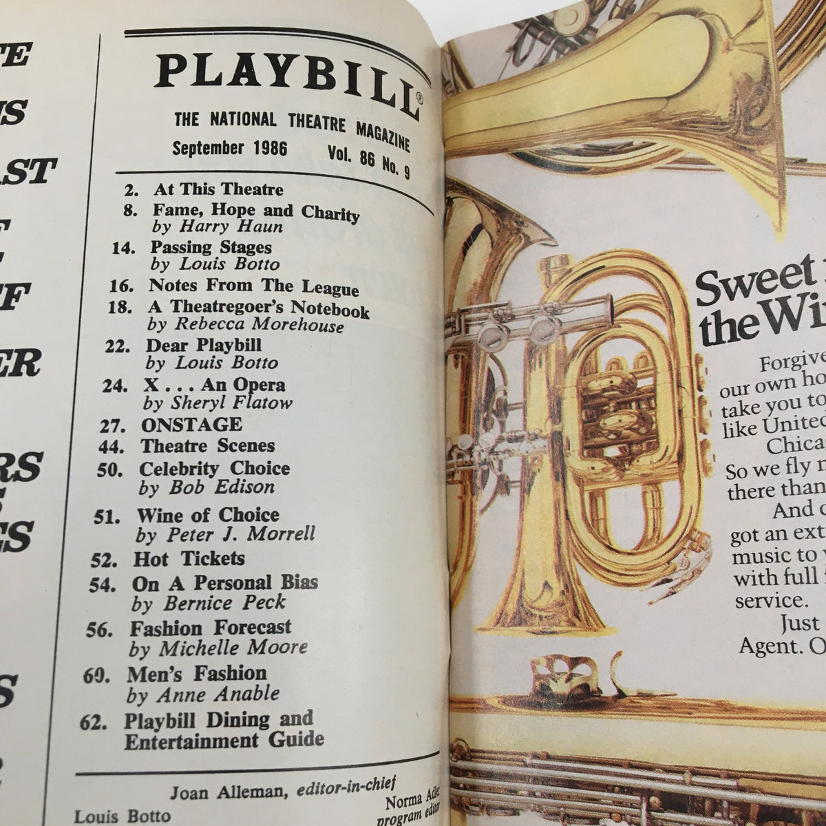 Inside view of the September 1986 Playbill, showcasing articles and advertisements from the production of The House of Blue Leaves.