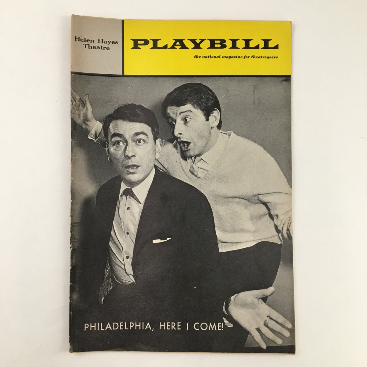 1966 Playbill for Philadelphia, Here I Come featuring a dramatic black and white image of two male actors expressive in a theatrical pose, showcasing the heritage of the Helen Hayes Theatre.