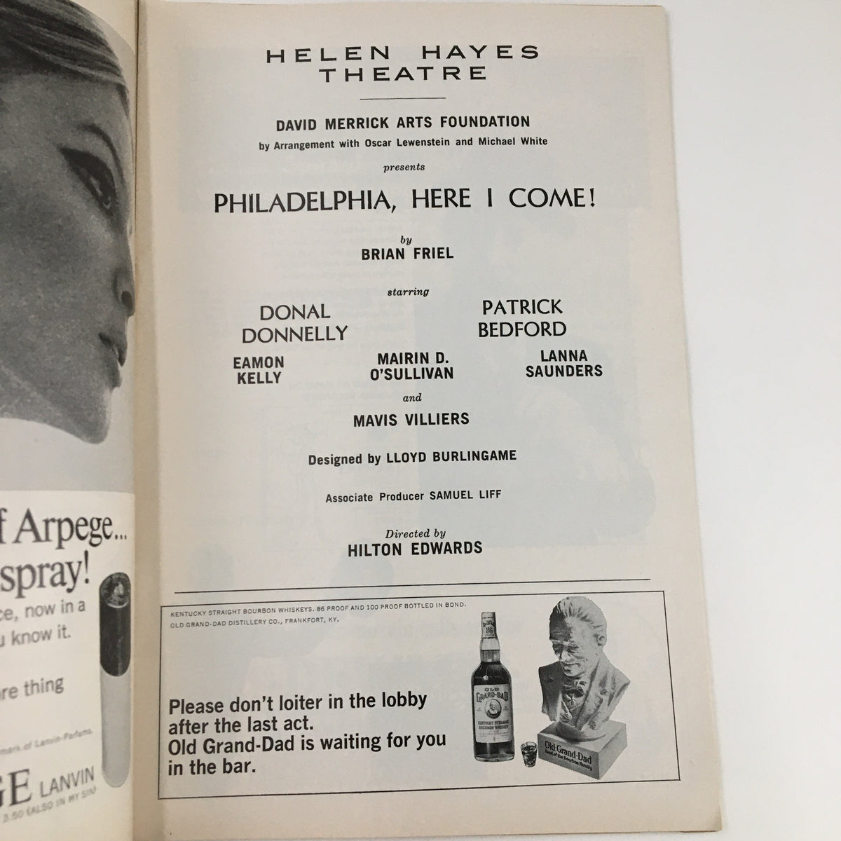 Second page of the 1966 Playbill for Philadelphia, Here I Come showcasing the cast and production details.