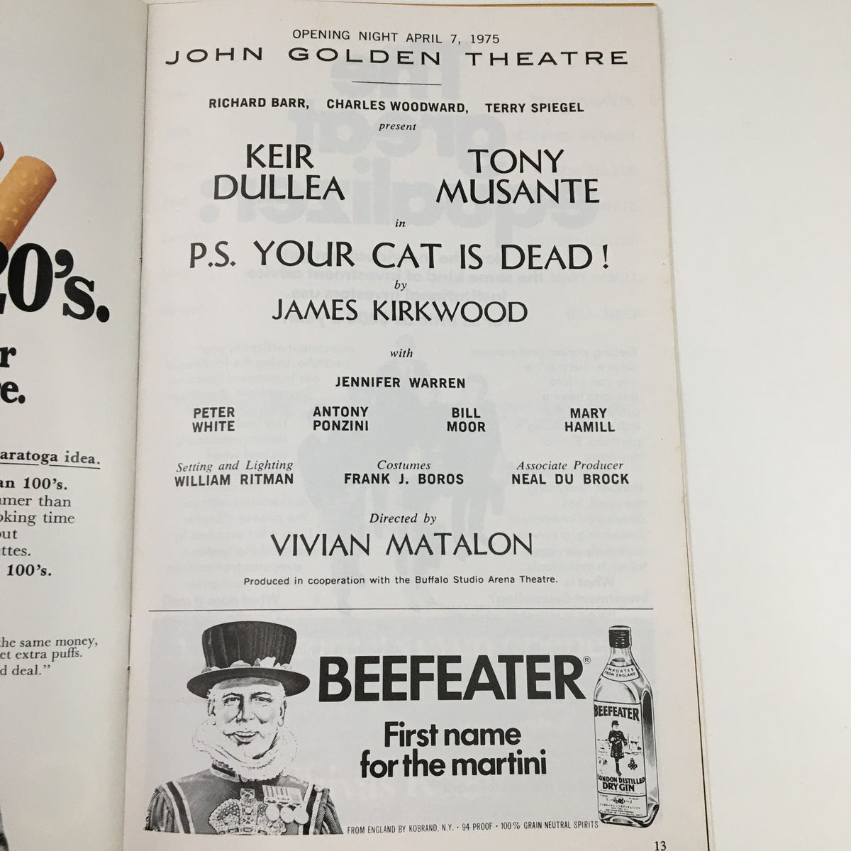 Opening night details from the 1975 Playbill for 'P.S. Your Cat is Dead,' including cast and crew information at the John Golden Theatre.