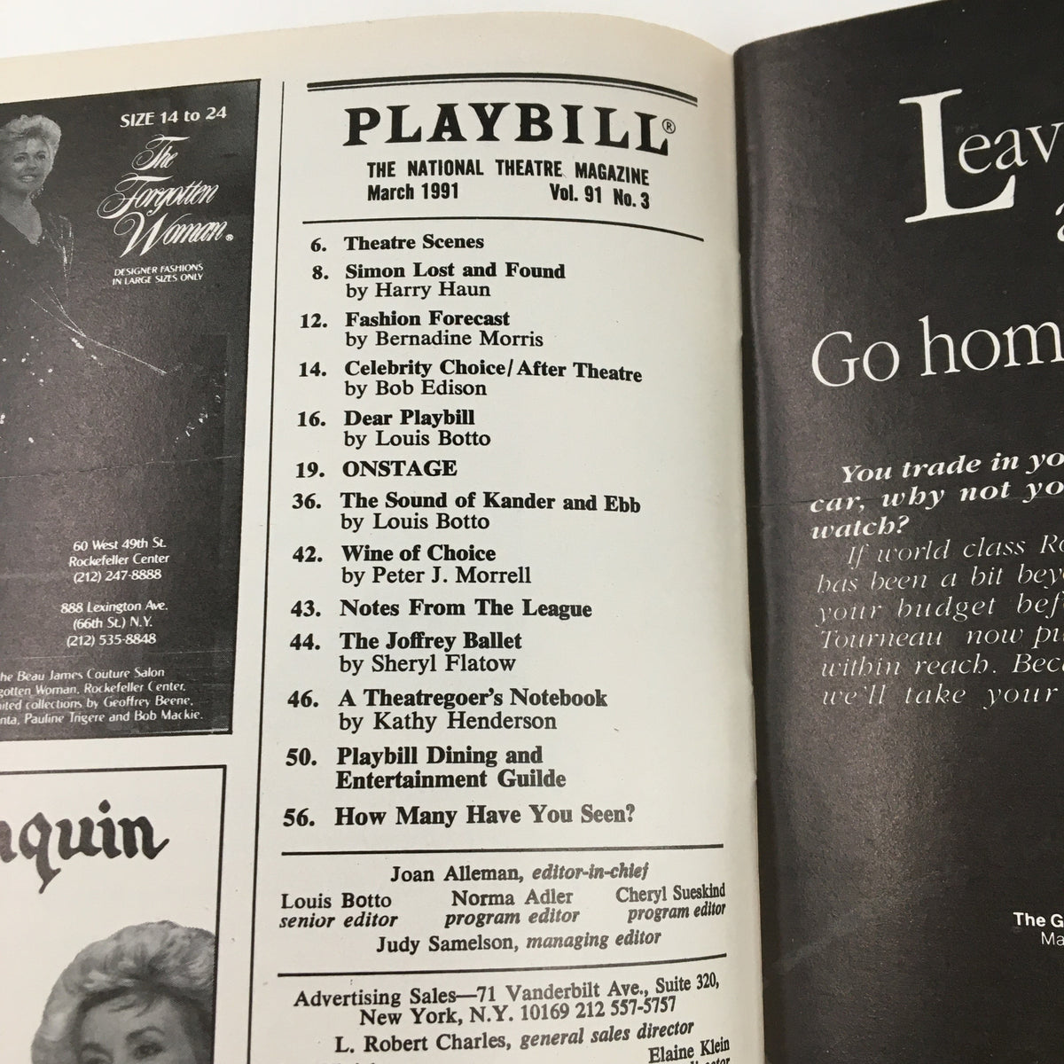 Inside view of the 1991 Playbill for The Substance of Fire by Jon Robin Baitz, showcasing advertisements and articles relevant to the March 1991 issue of Playbill magazine.