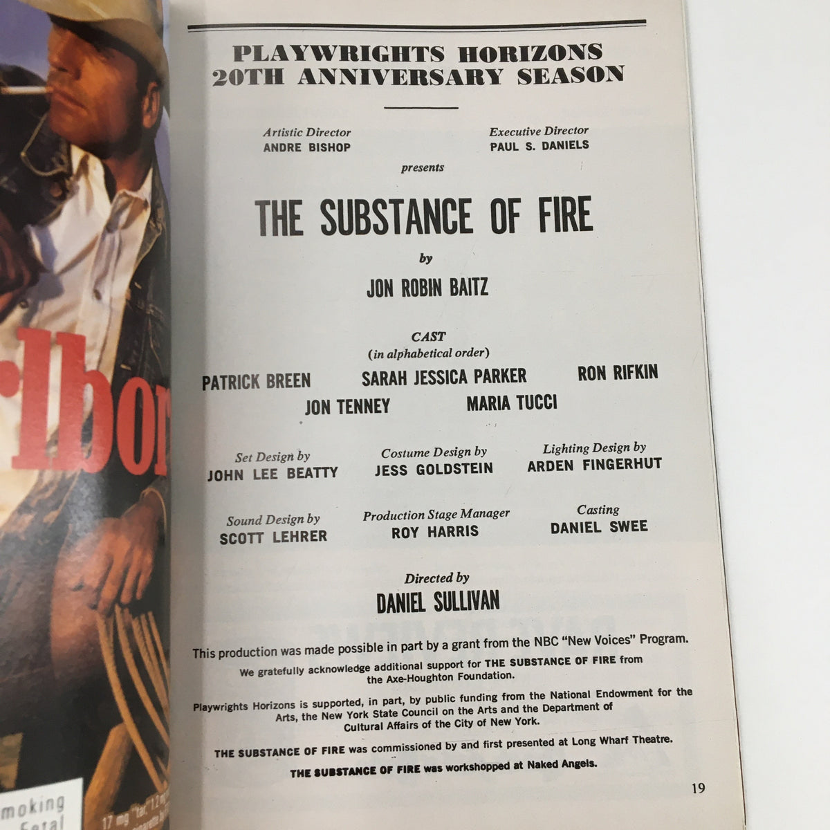 1991 Playbill for The Substance of Fire by Jon Robin Baitz, featuring details of the production and cast, celebrating Playwright Horizons' 20th Anniversary Season.