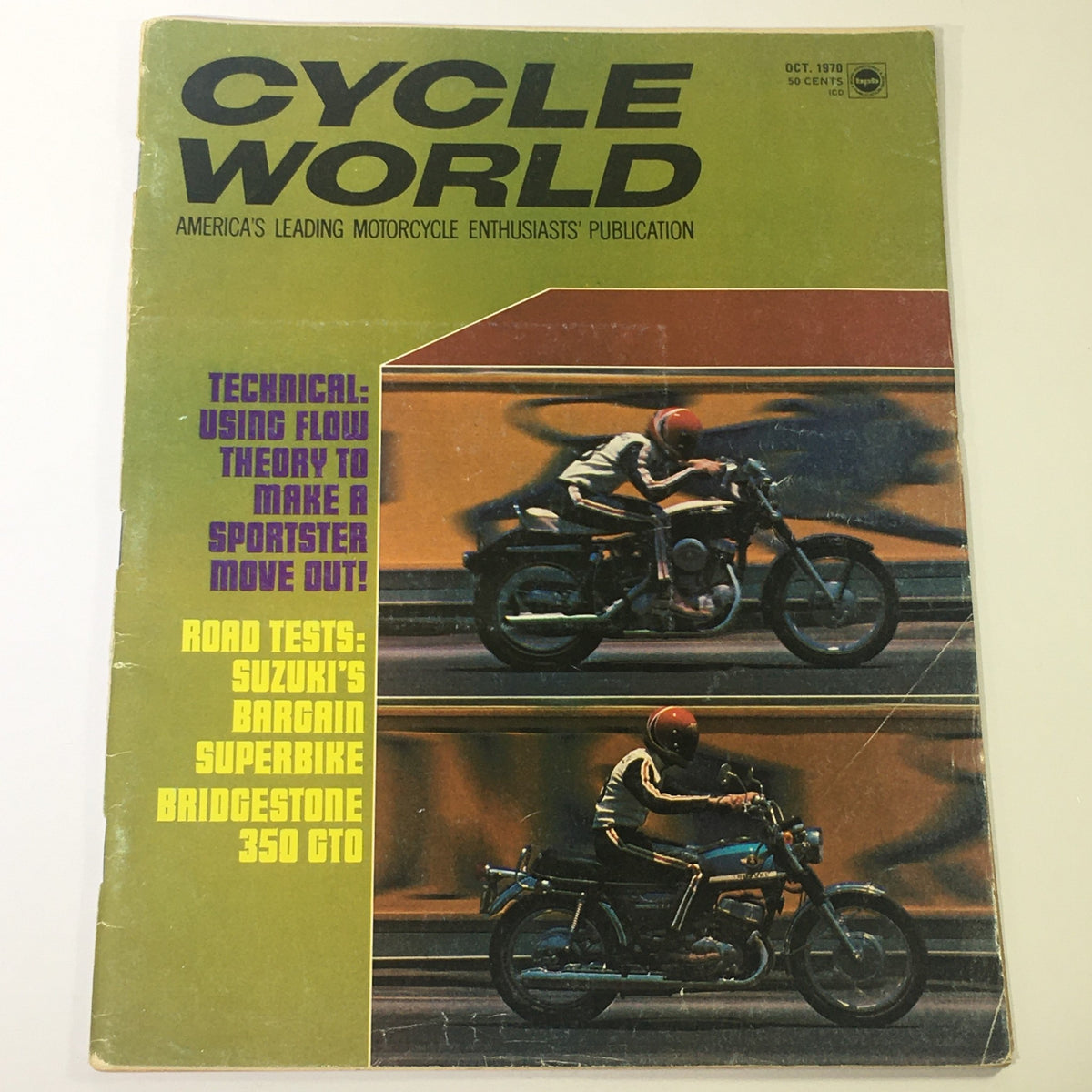 Cover of VTG Cycle World October 1970 featuring the Suzuki Bargain Superbike and Bridgestone 350 GTO. The magazine highlights motorcycle road tests and technical insights, capturing the essence of early '70s motorcycle culture.